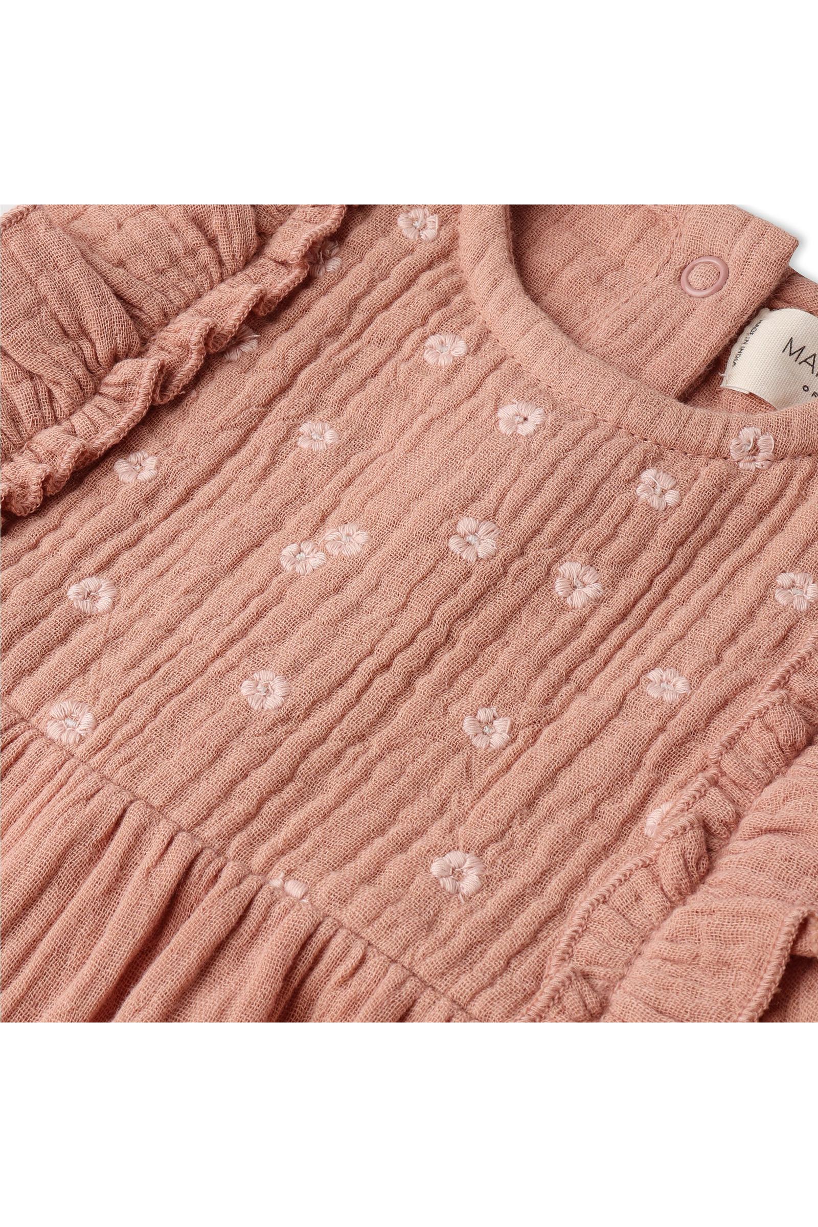 Organic Embroidered Ruffle Romper - Clay