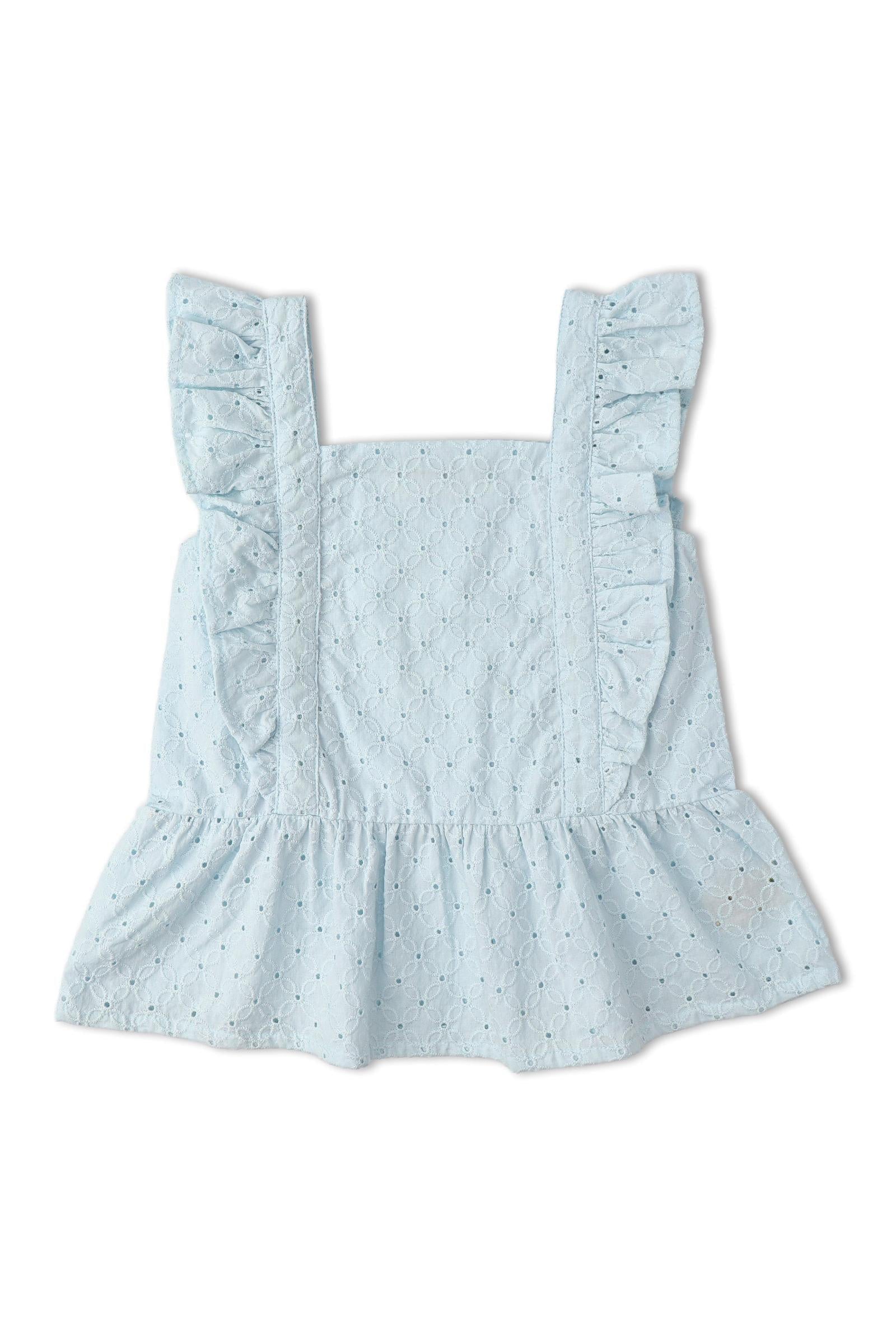 Organic Eyelet Flutter Top And Shorts Set - Light Blue Eyelet