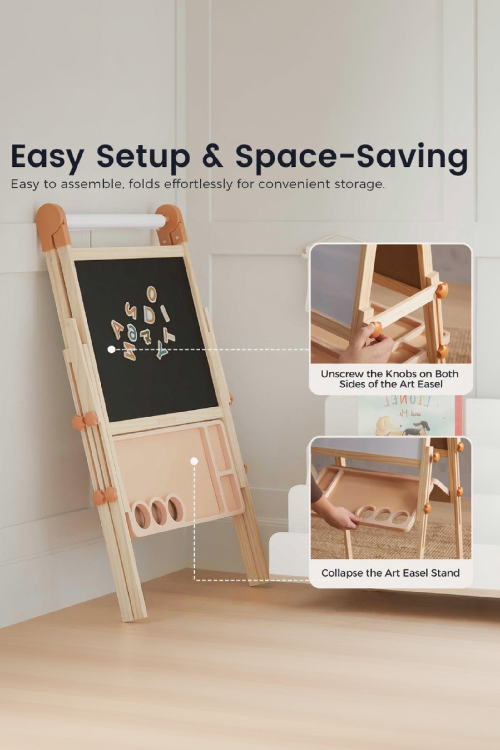 Pink Adjustable Art Easel for Kids, Magnetic Chalkboard, Whiteboard