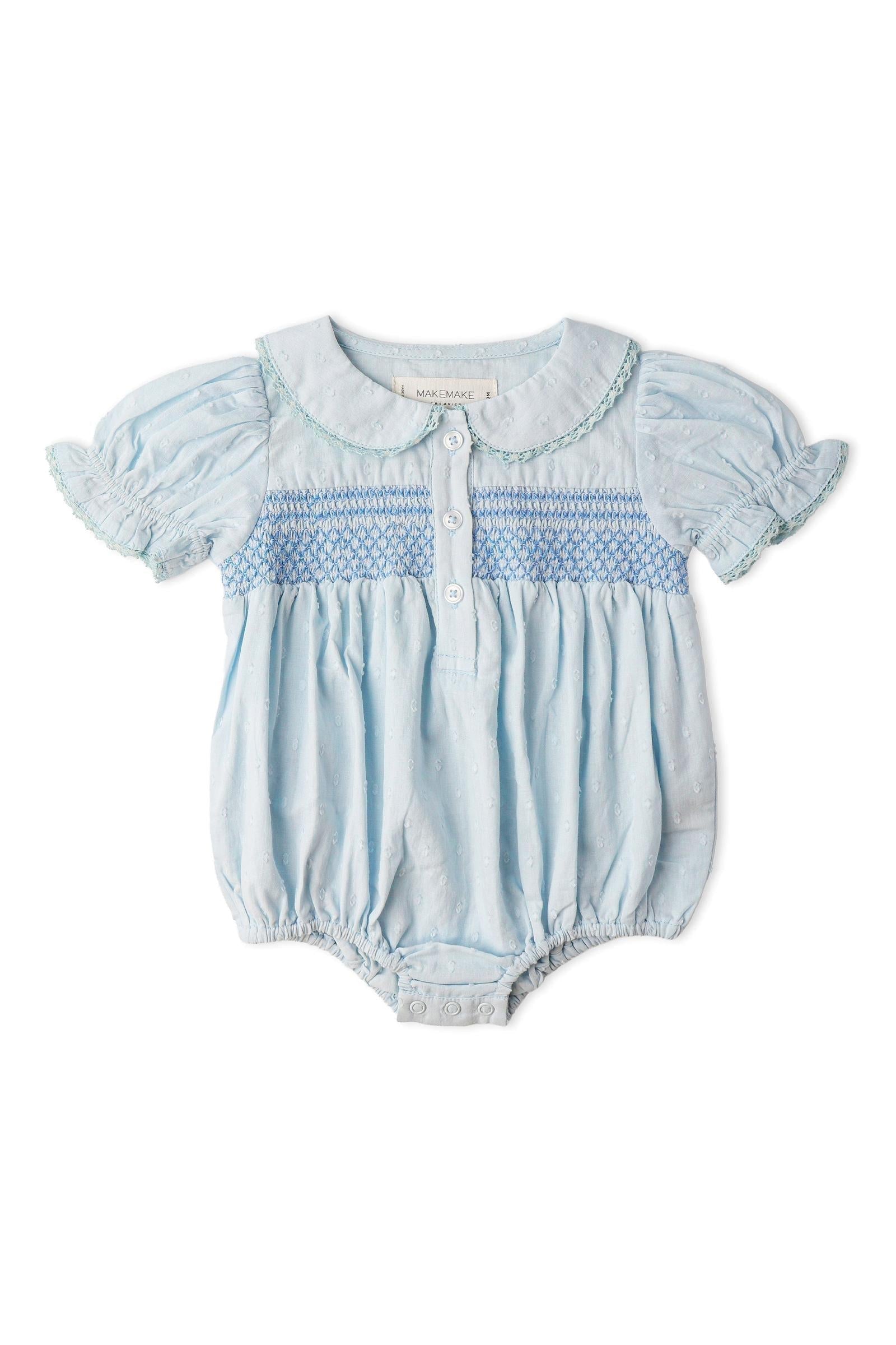 Organic Smocked Button Romper - Light Blue