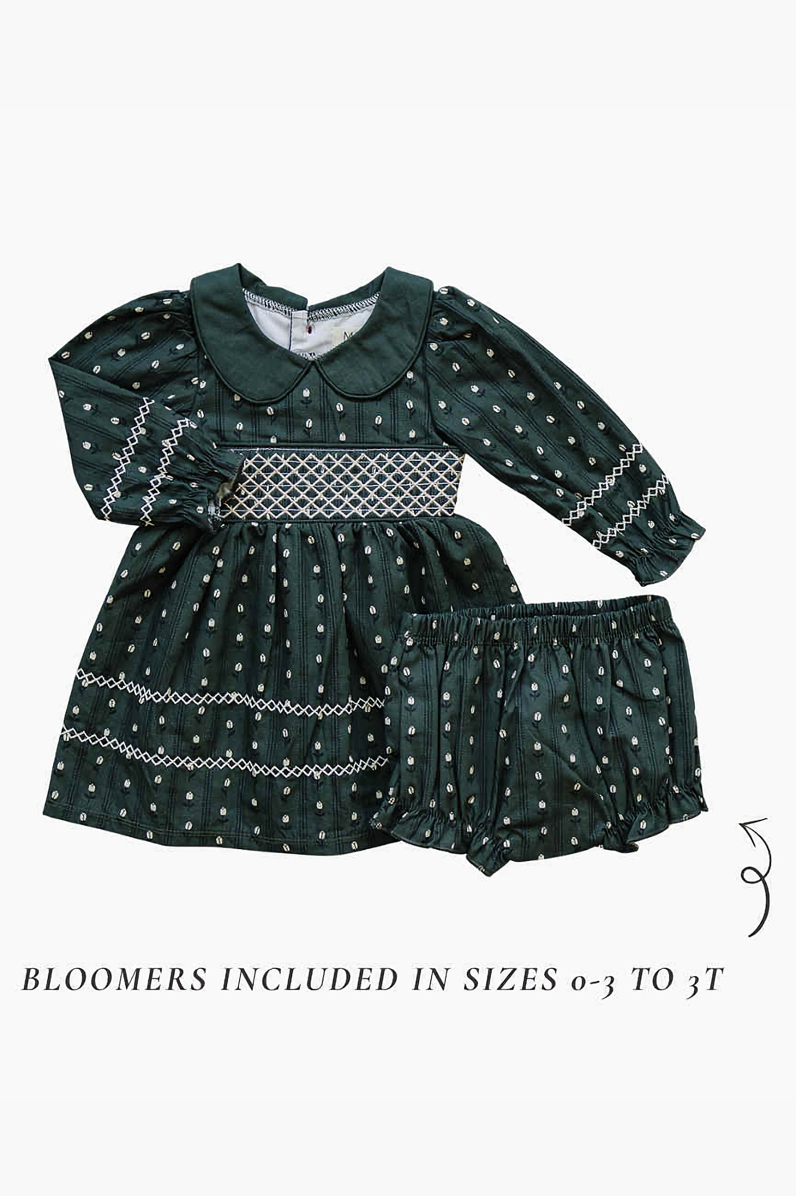 Dark Green Tulip Smocked Peter Pan Collar Dress for Girls, Cotton, Sizes 0-7