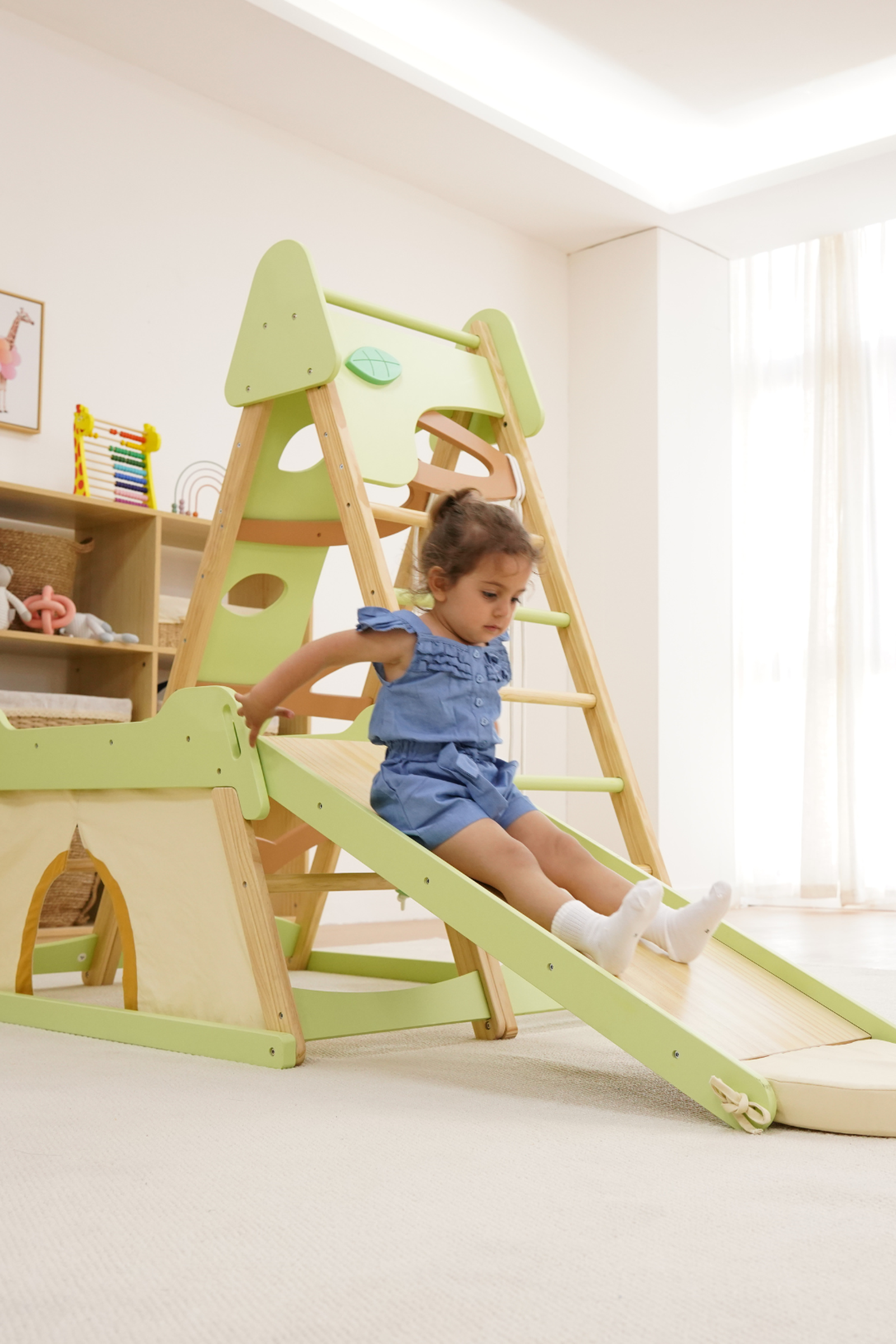 Bush 6 in 1 Wooden Jungle Gym Climber for Toddlers, Indoor Playset with Slide, Rock Wall, Ladder & Swing