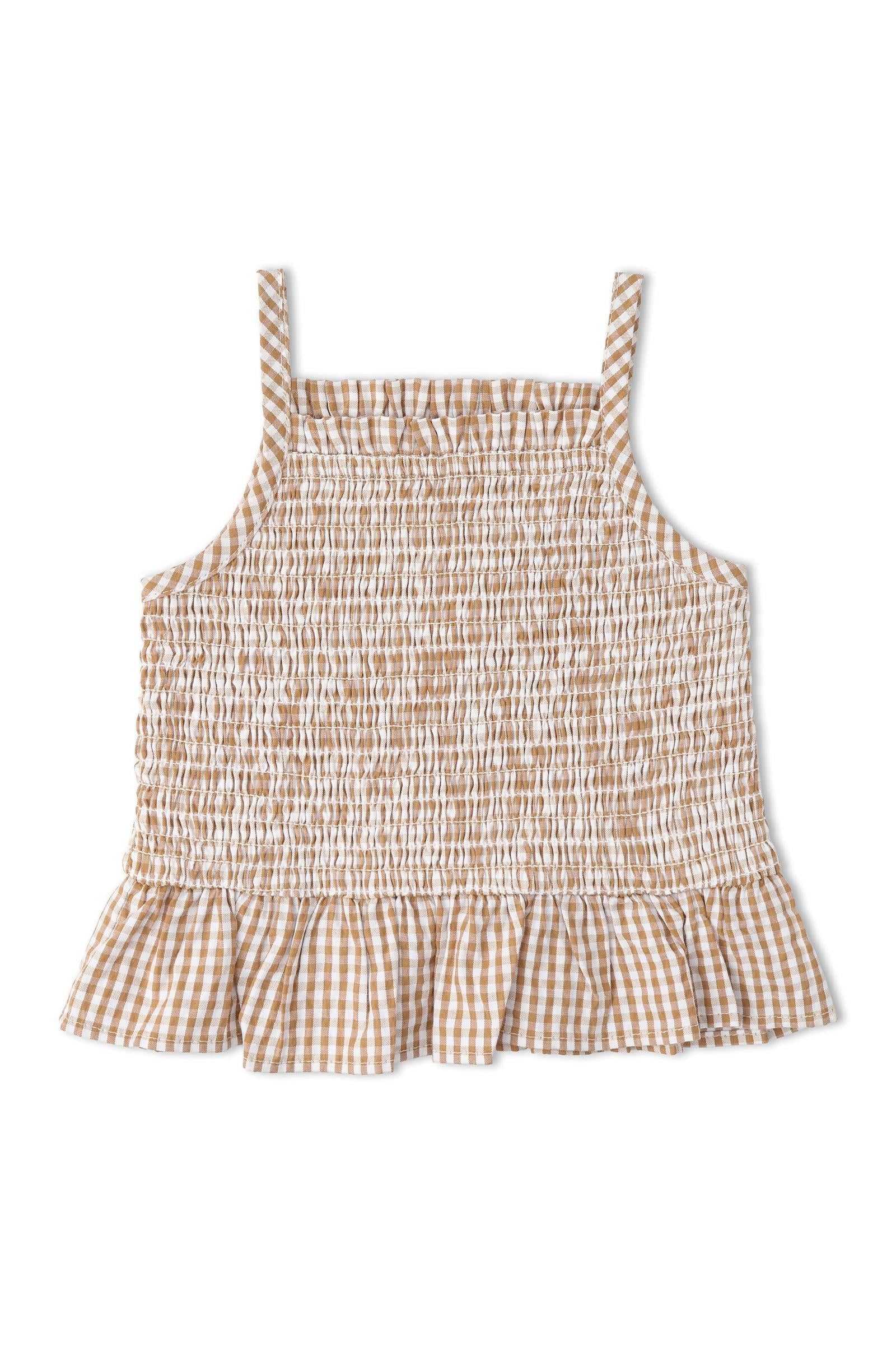 Organic Smocked Top And Bloomer Set - Caramel Check