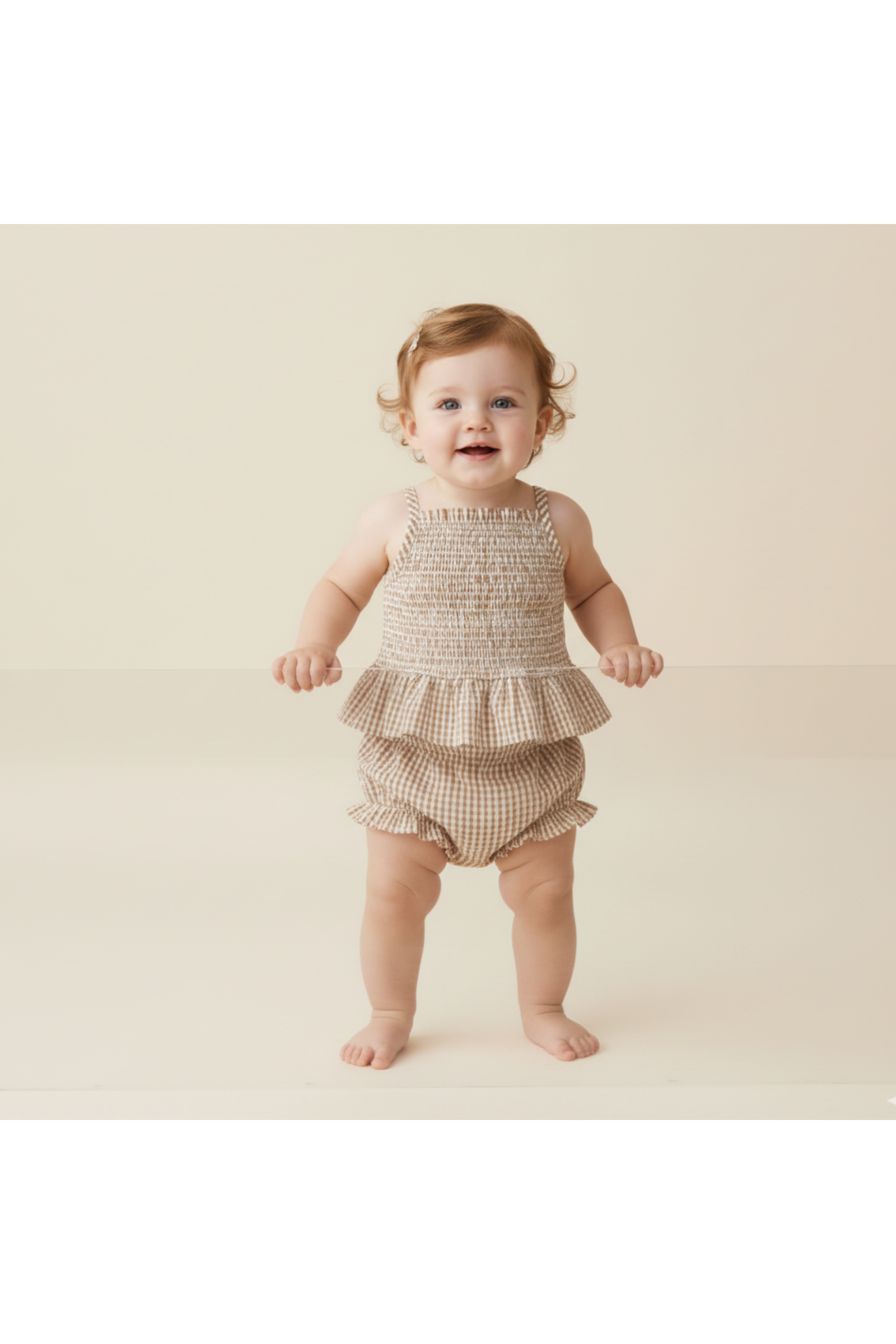 Organic Smocked Top And Bloomer Set - Caramel Check