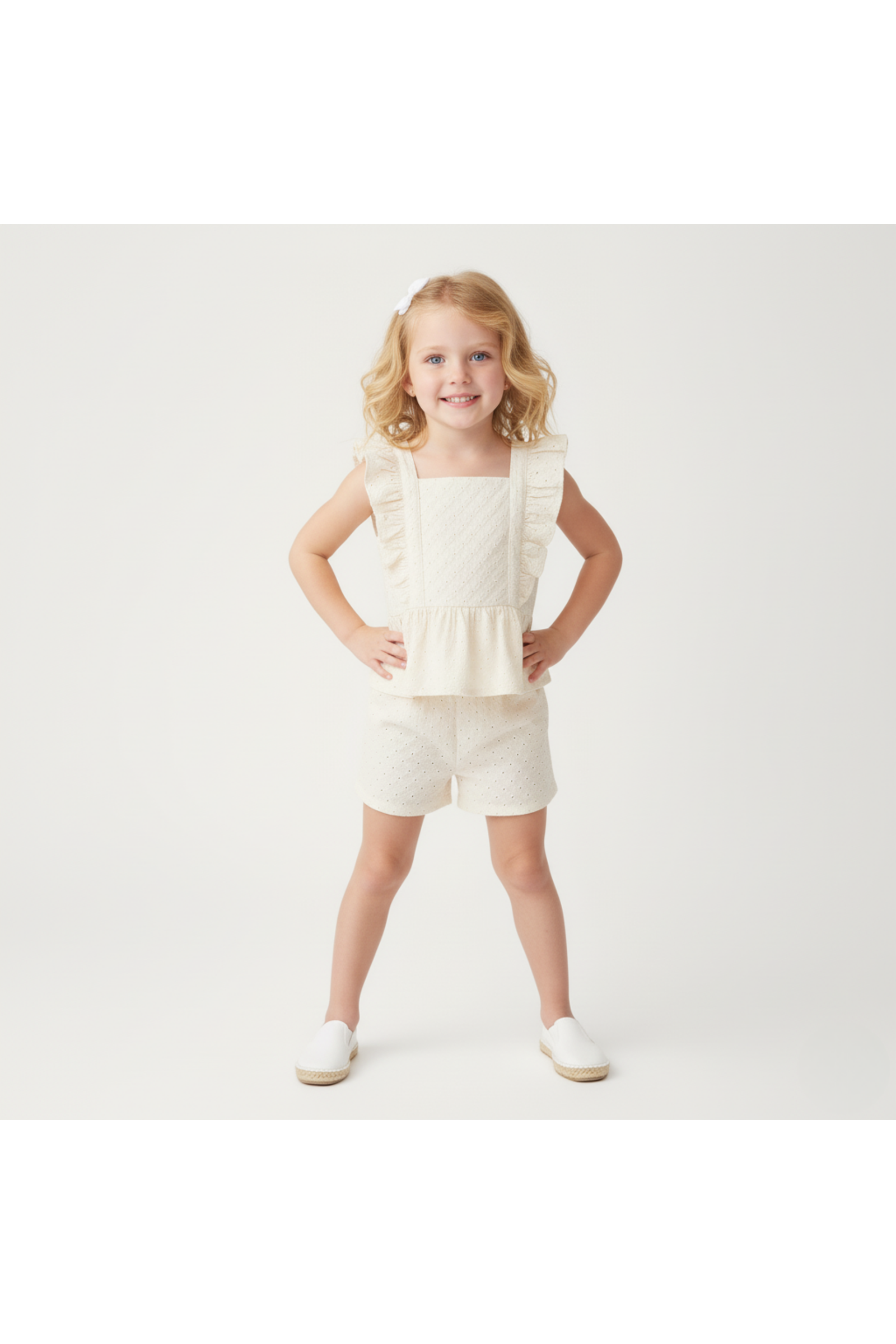 Organic Eyelet Flutter Top And Shorts Set - Ivory Eyelet