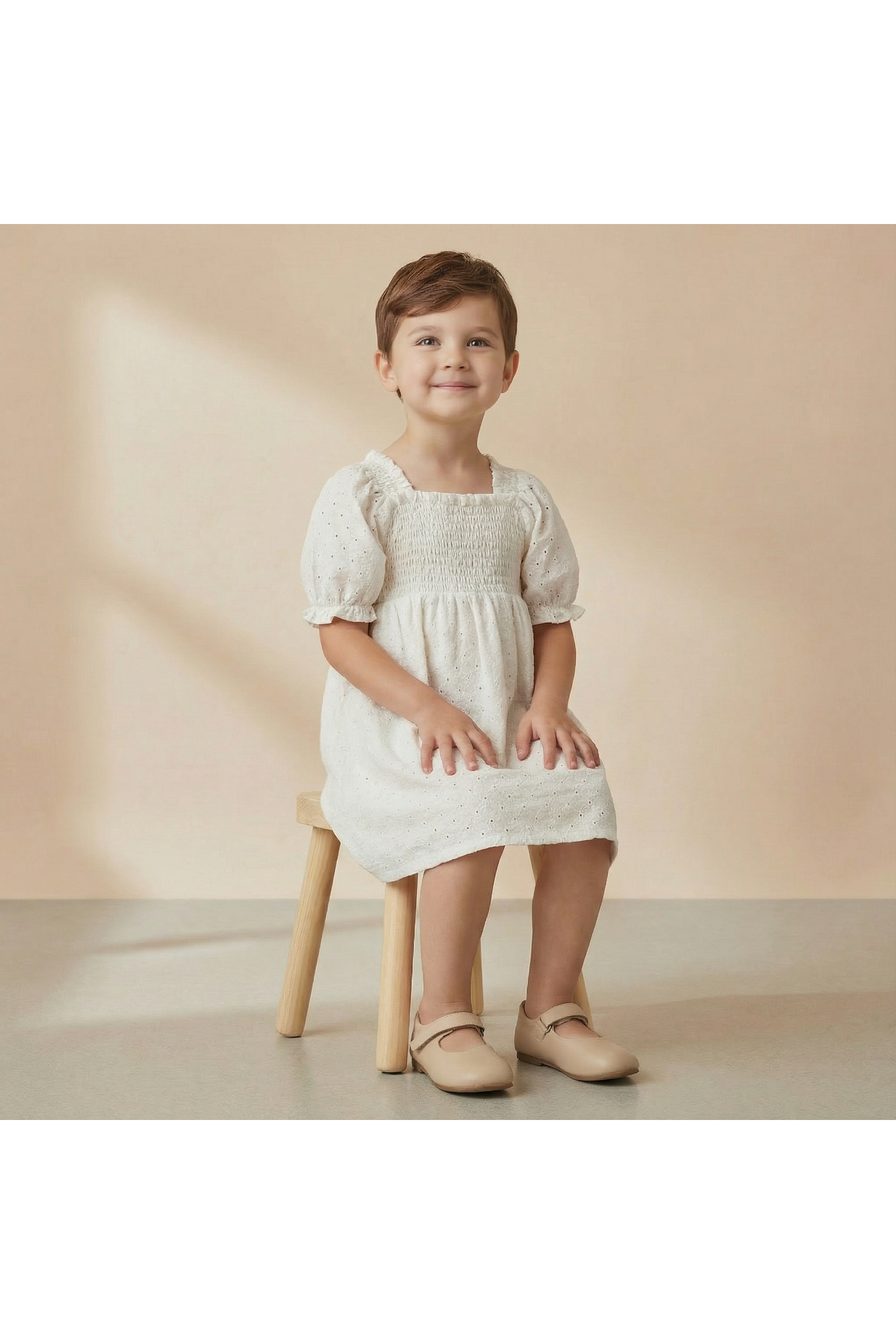 Organic Eyelet Bubble Sleeve Dress - Ivory Eyelet