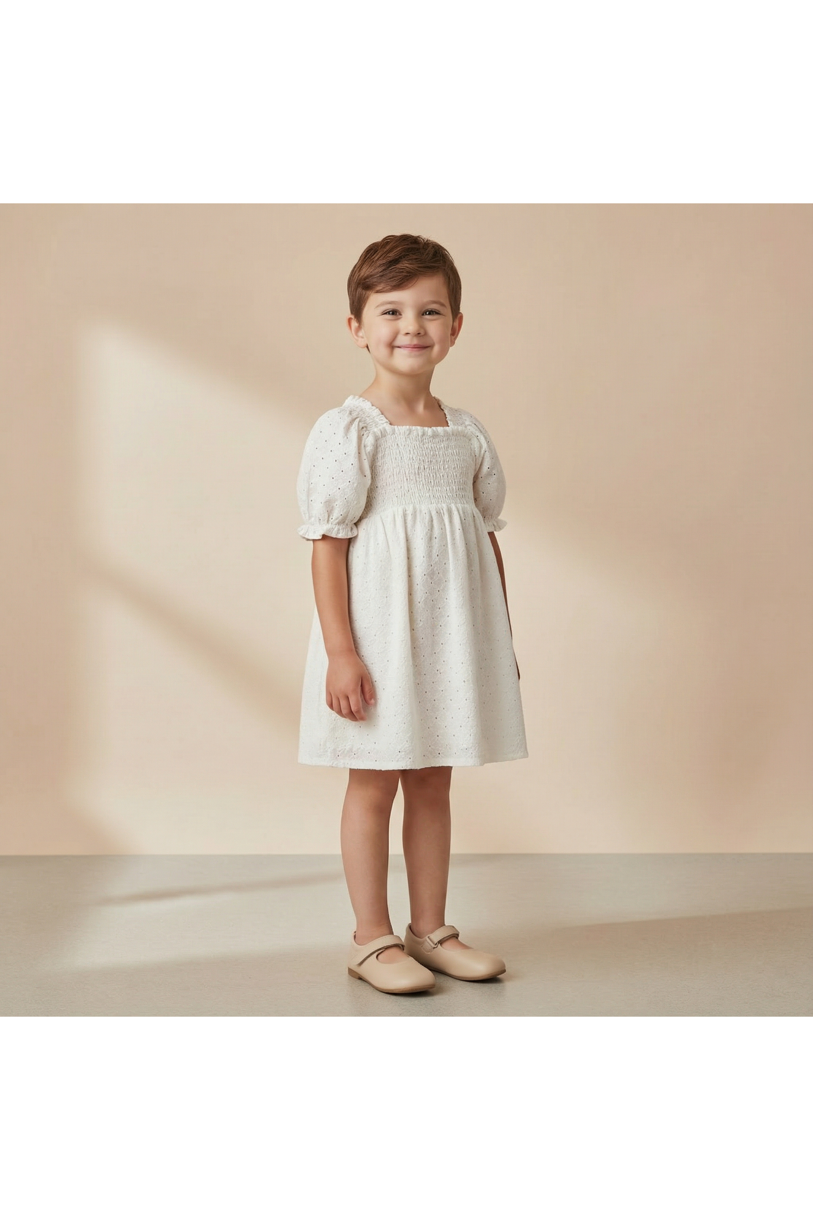 Organic Eyelet Bubble Sleeve Dress - Ivory Eyelet