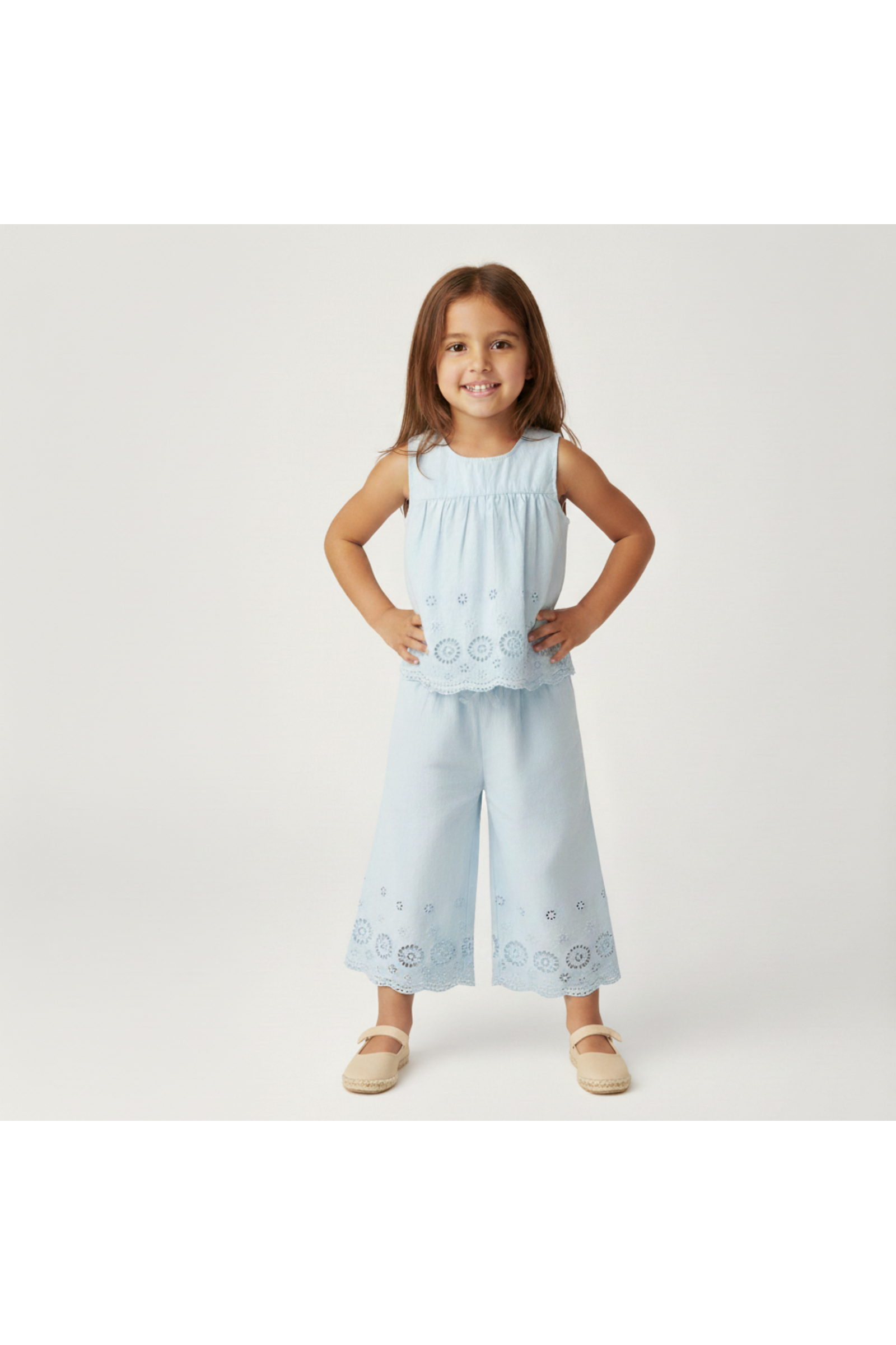 Organic Eyelet Top And Pant Set - Light Blue Eyelet