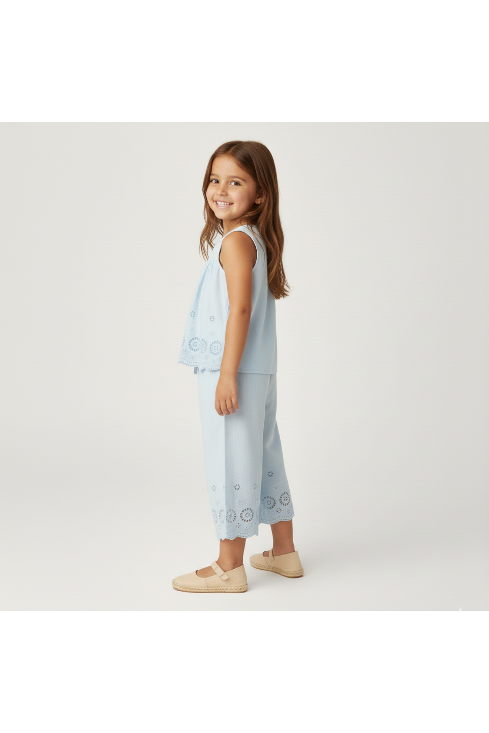 Organic Eyelet Top And Pant Set - Light Blue Eyelet