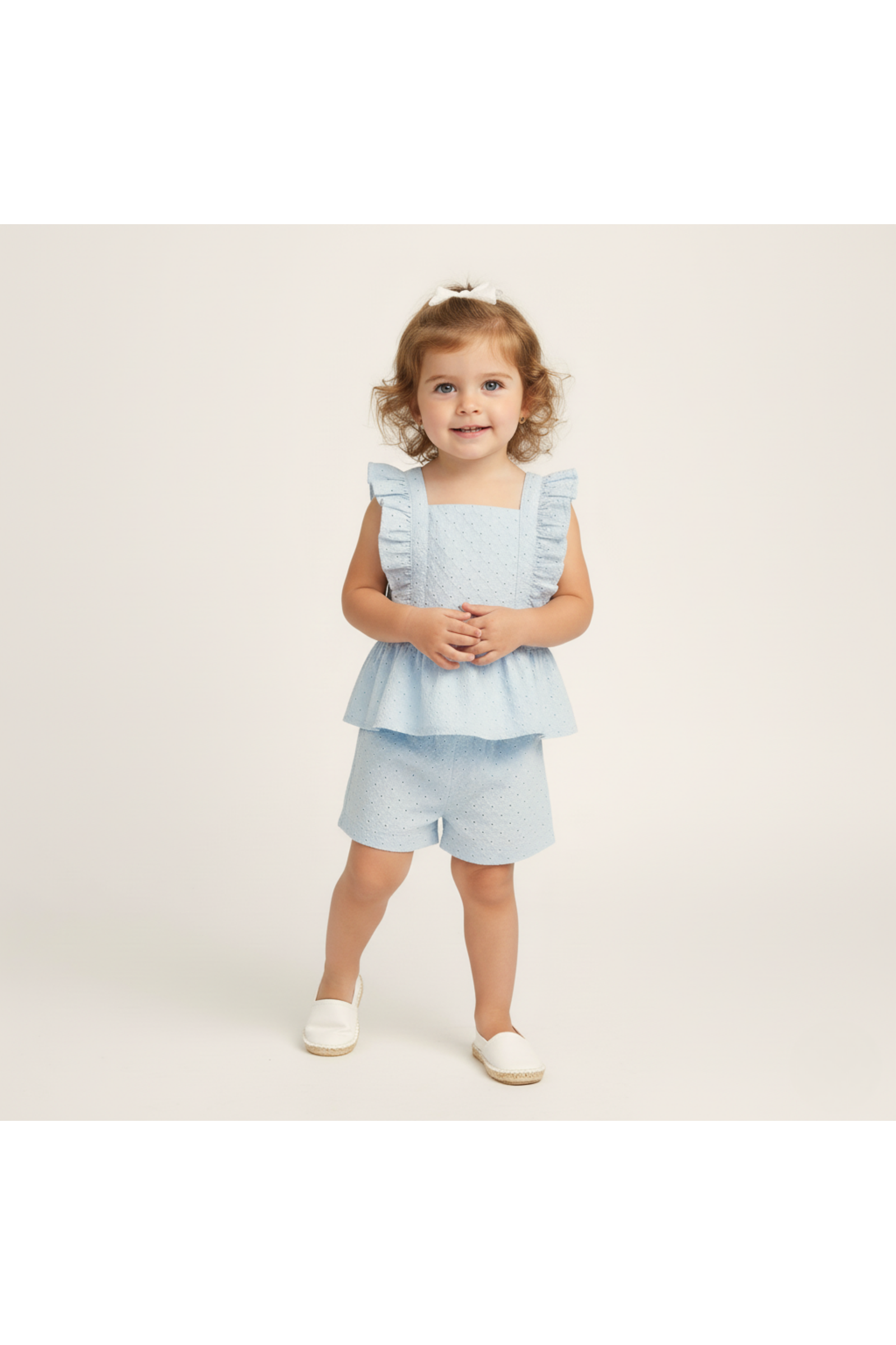Organic Eyelet Flutter Top And Shorts Set - Light Blue Eyelet