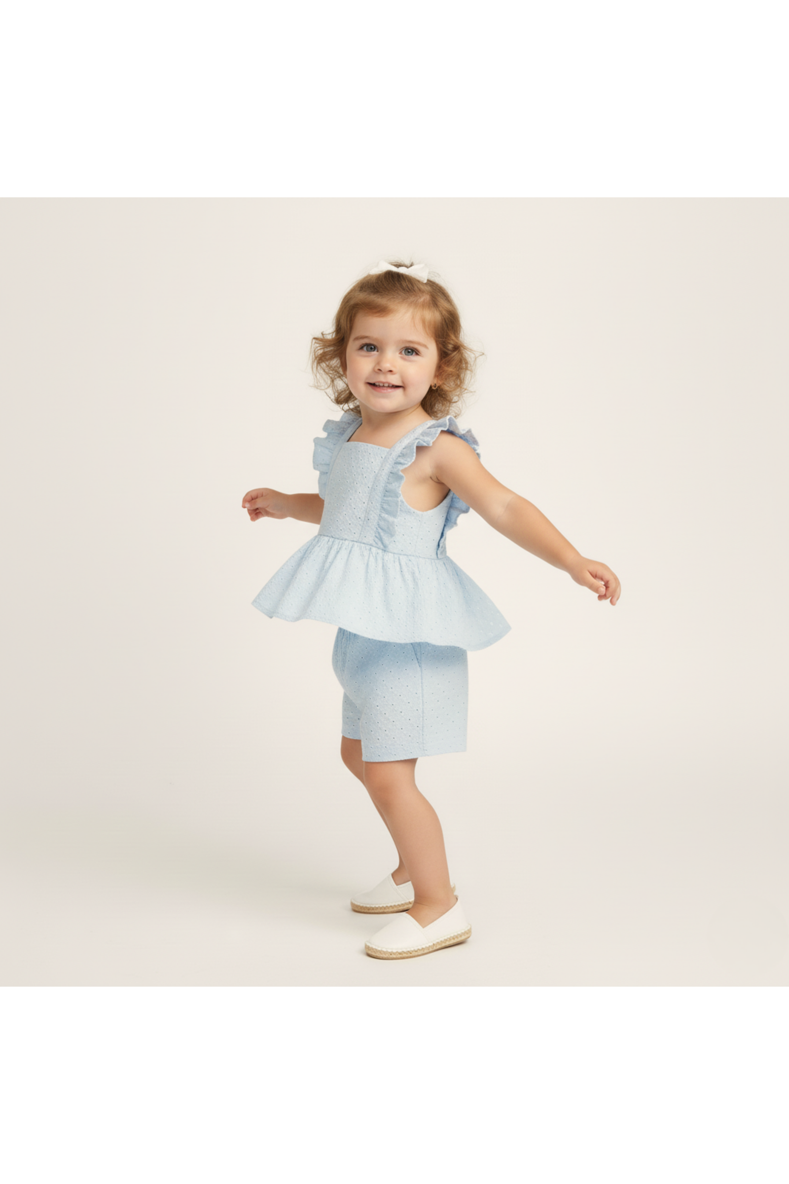 Organic Eyelet Flutter Top And Shorts Set - Light Blue Eyelet