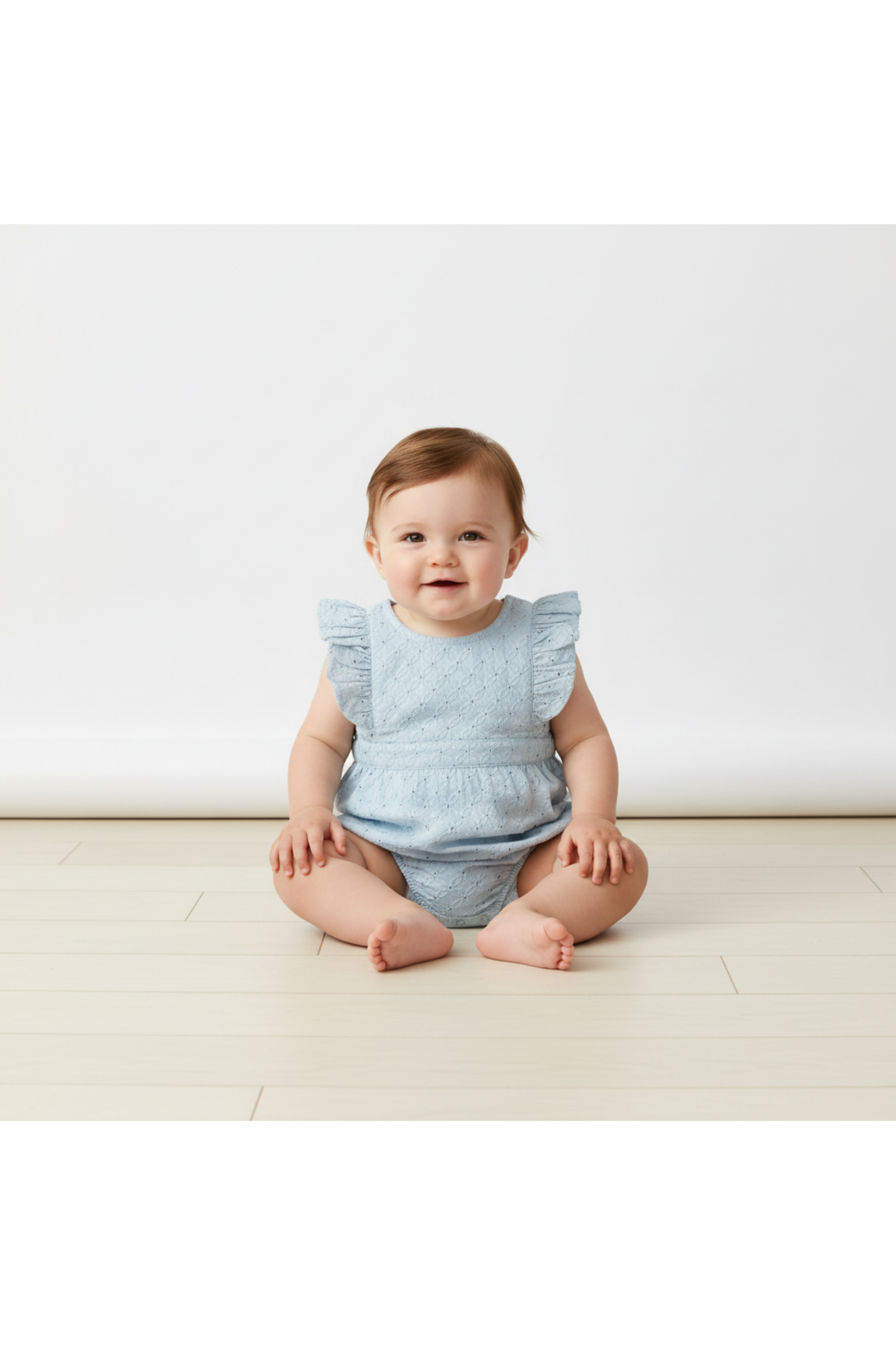 Organic Eyelet Flutter Romper - Light Blue Eyelet