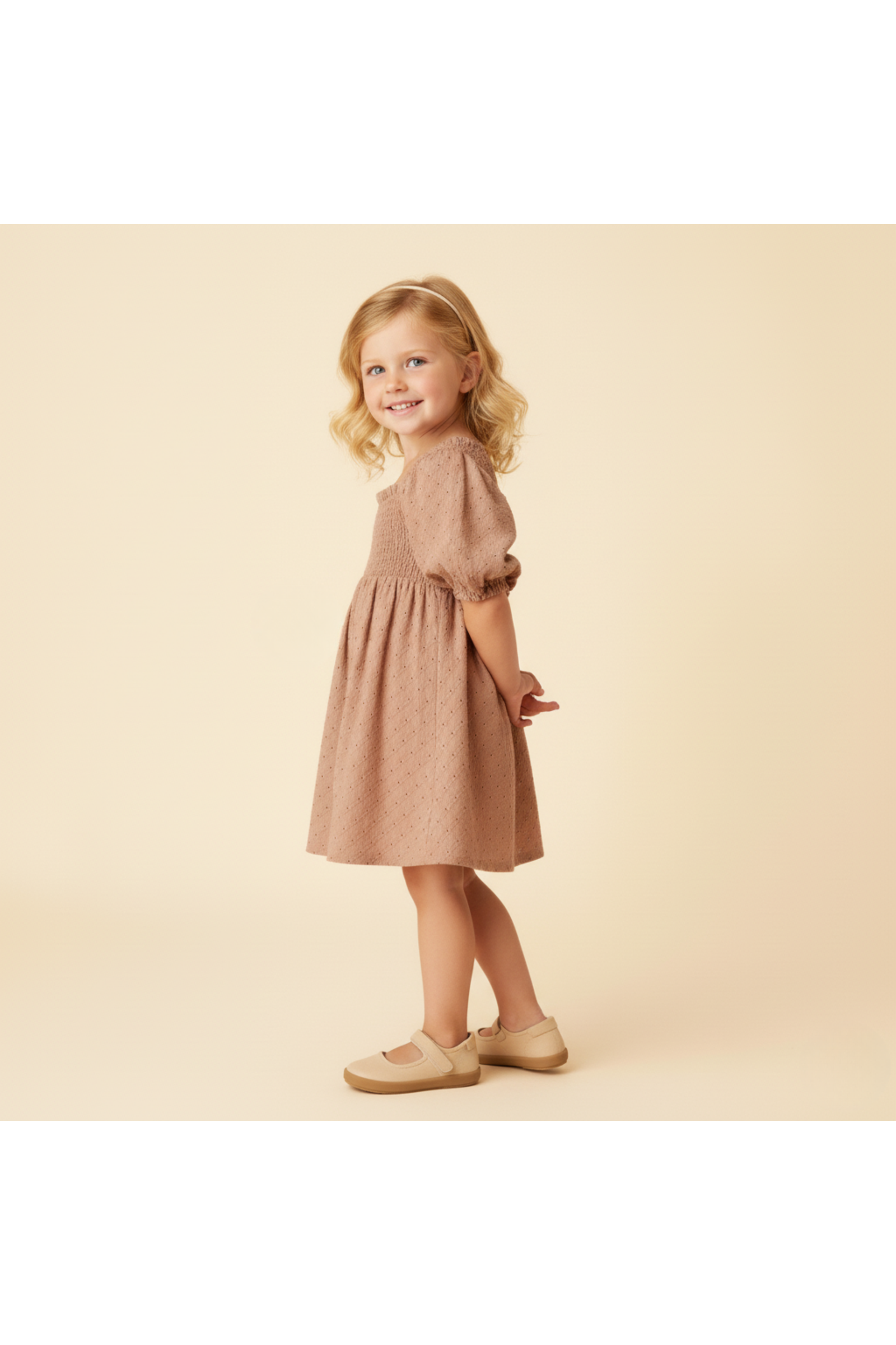 Organic Eyelet Bubble Sleeve Dress - Clay Eyelet