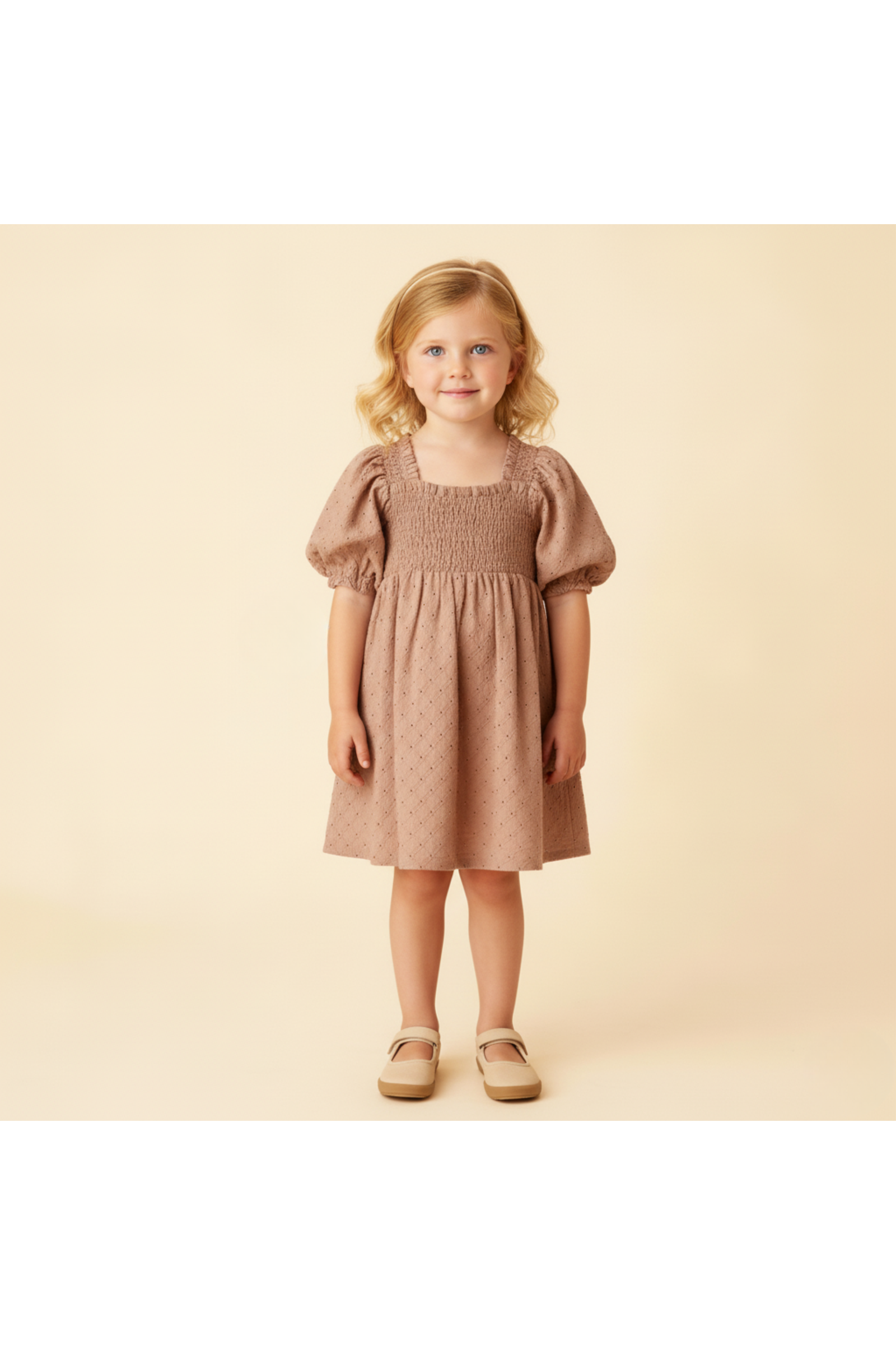 Organic Eyelet Bubble Sleeve Dress - Clay Eyelet