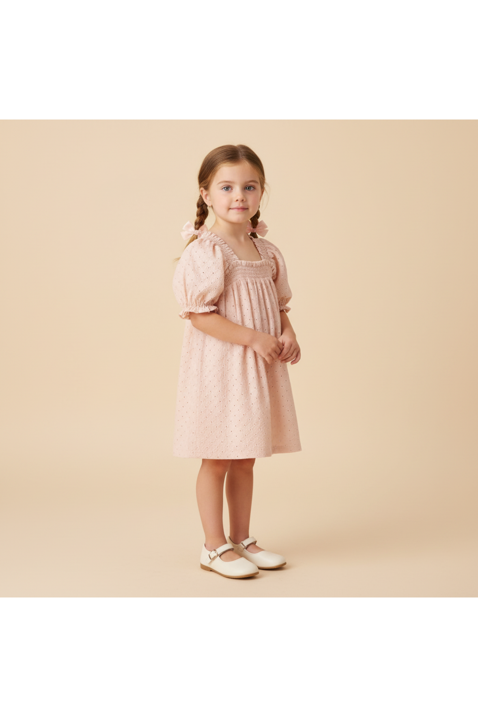 Organic Eyelet Bubble Sleeve Dress - Blush Eyelet