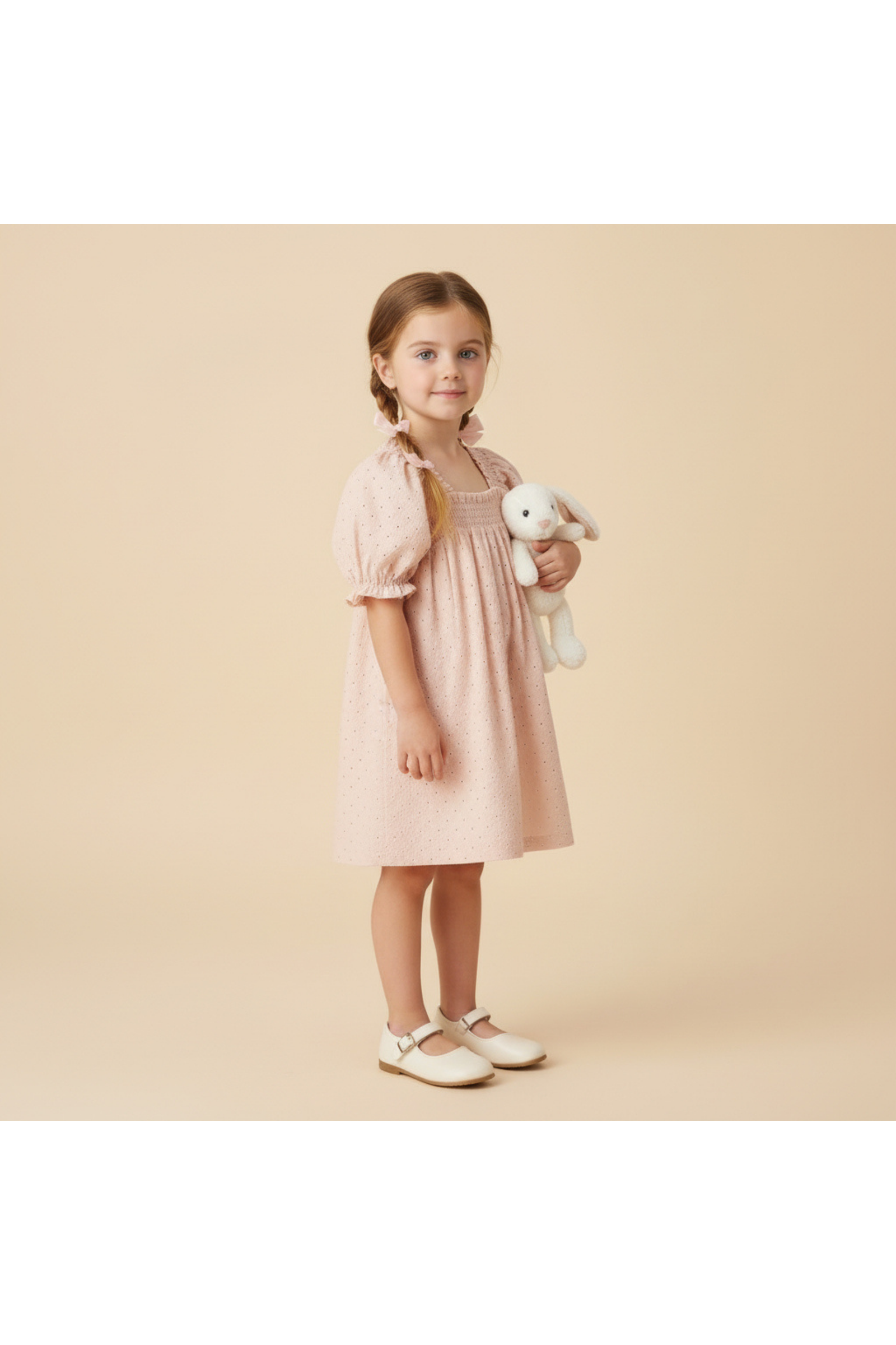 Organic Eyelet Bubble Sleeve Dress - Blush Eyelet
