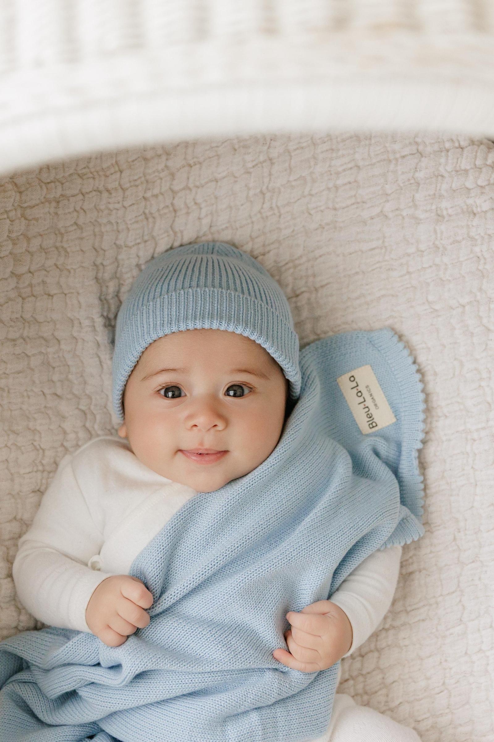 Luxe Collection Knit Baby Blanket + Hat Set with Gift Box, 100% Organic Cotton