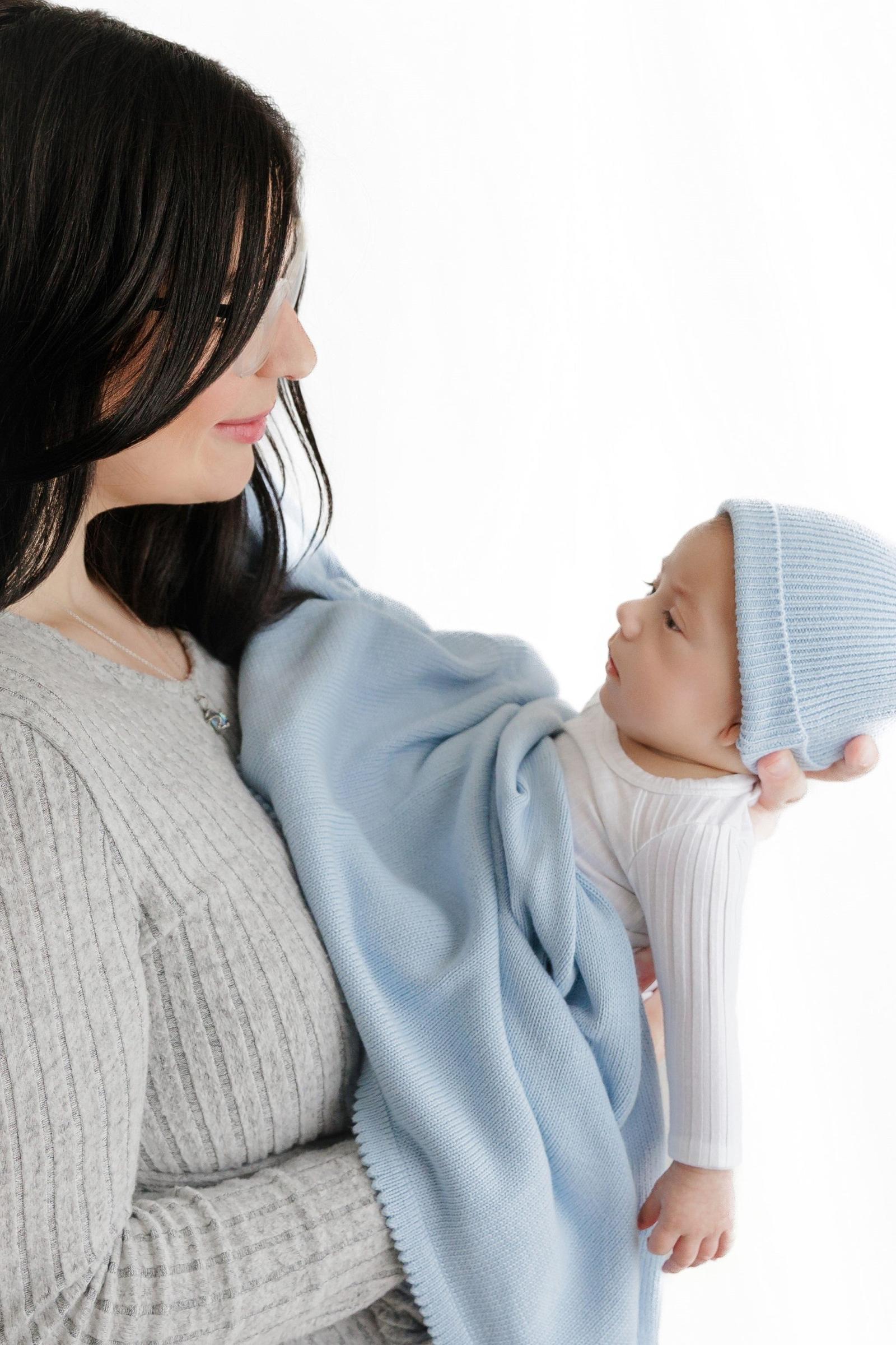 Luxe Collection Knit Baby Blanket + Hat Set with Gift Box, 100% Organic Cotton