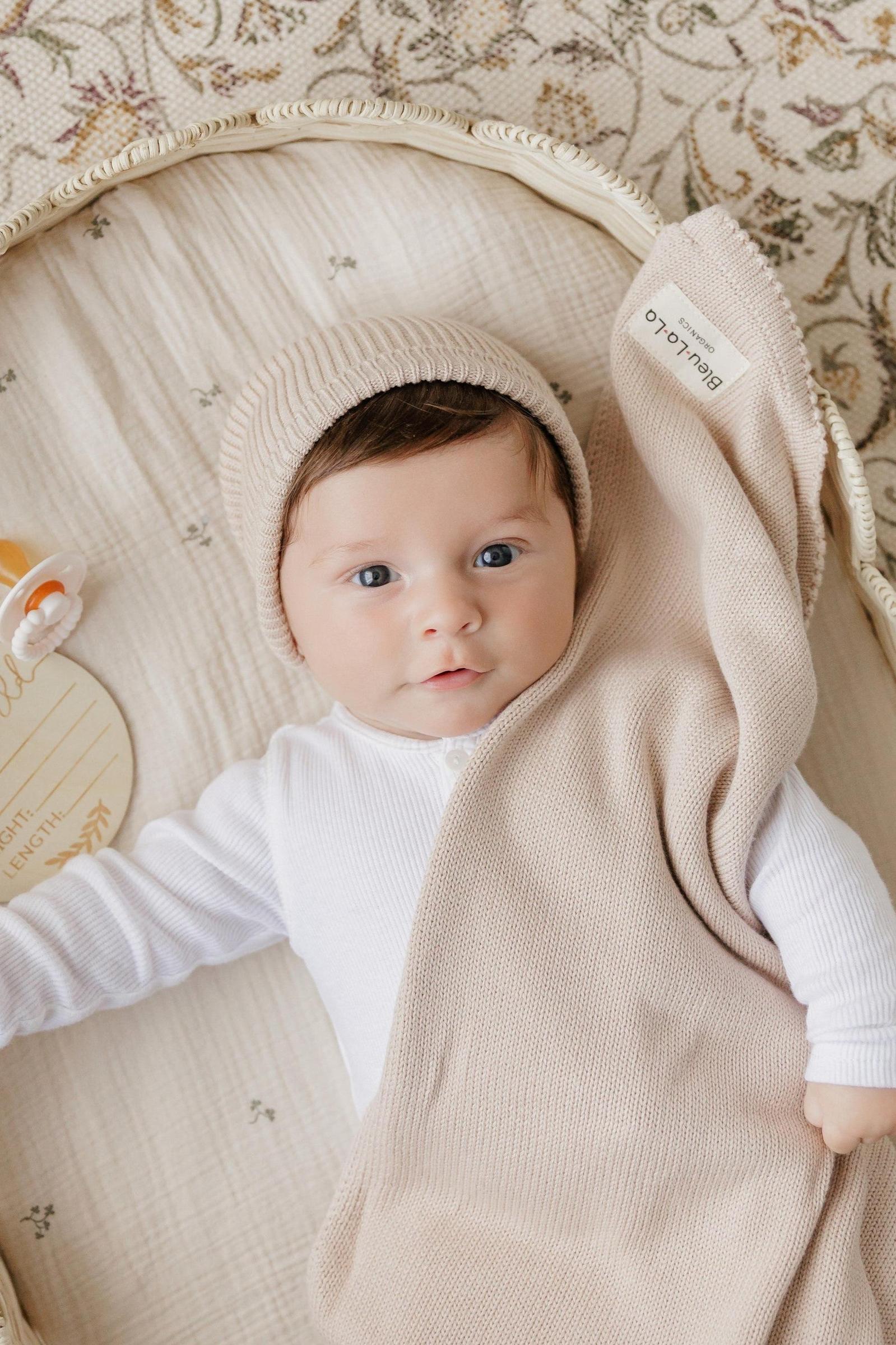 Luxe Collection Knit Baby Blanket + Hat Set with Gift Box, 100% Organic Cotton
