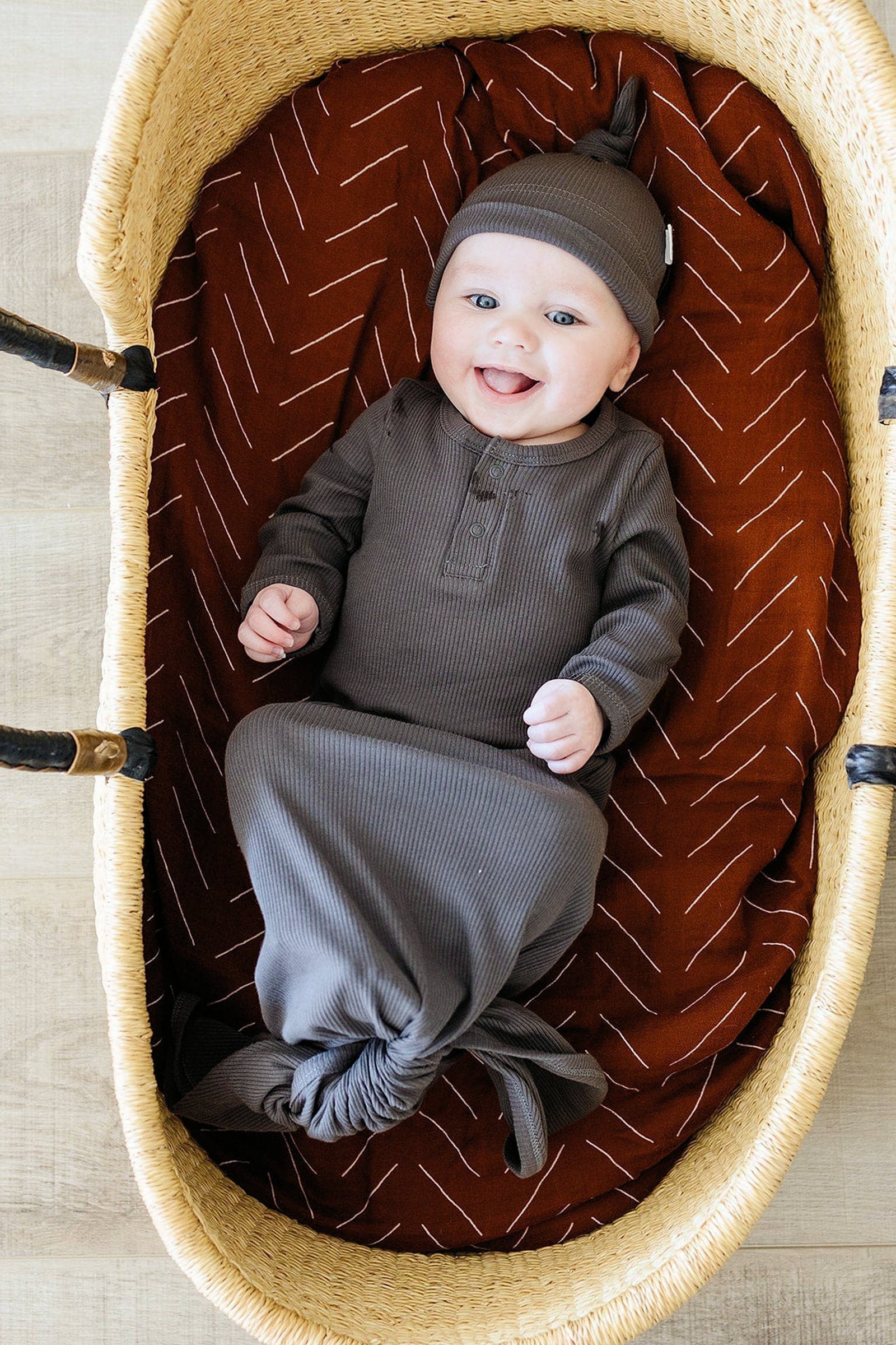Charcoal Ribbed Baby Knot Gown, Baby Essentials, Organic Cotton