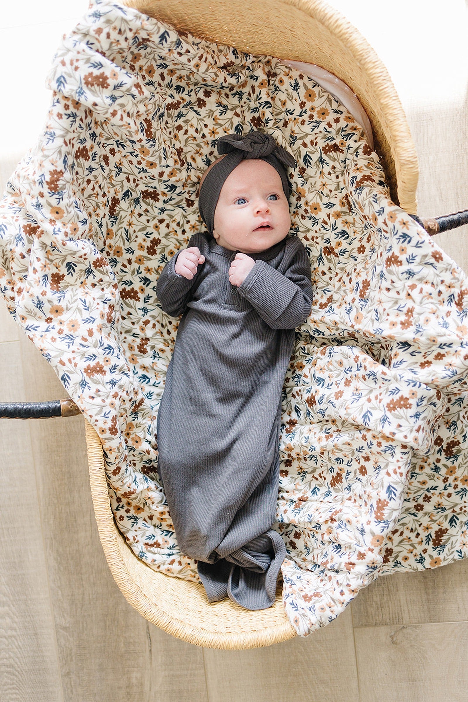 Charcoal Ribbed Baby Knot Gown, Baby Essentials, Organic Cotton