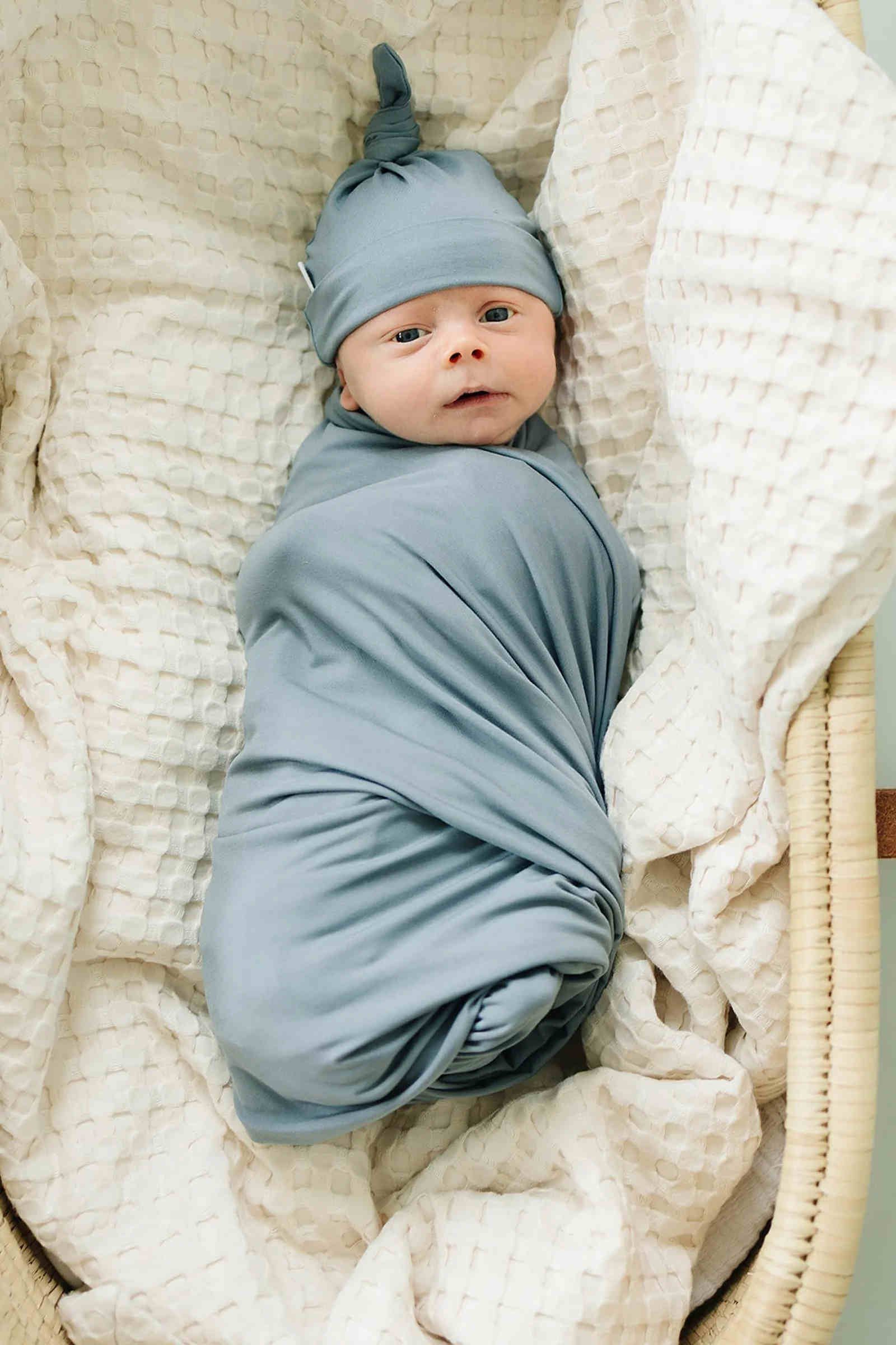 Dusty Blue Stretch Swaddle Blanket, Bamboo, Baby Essentials