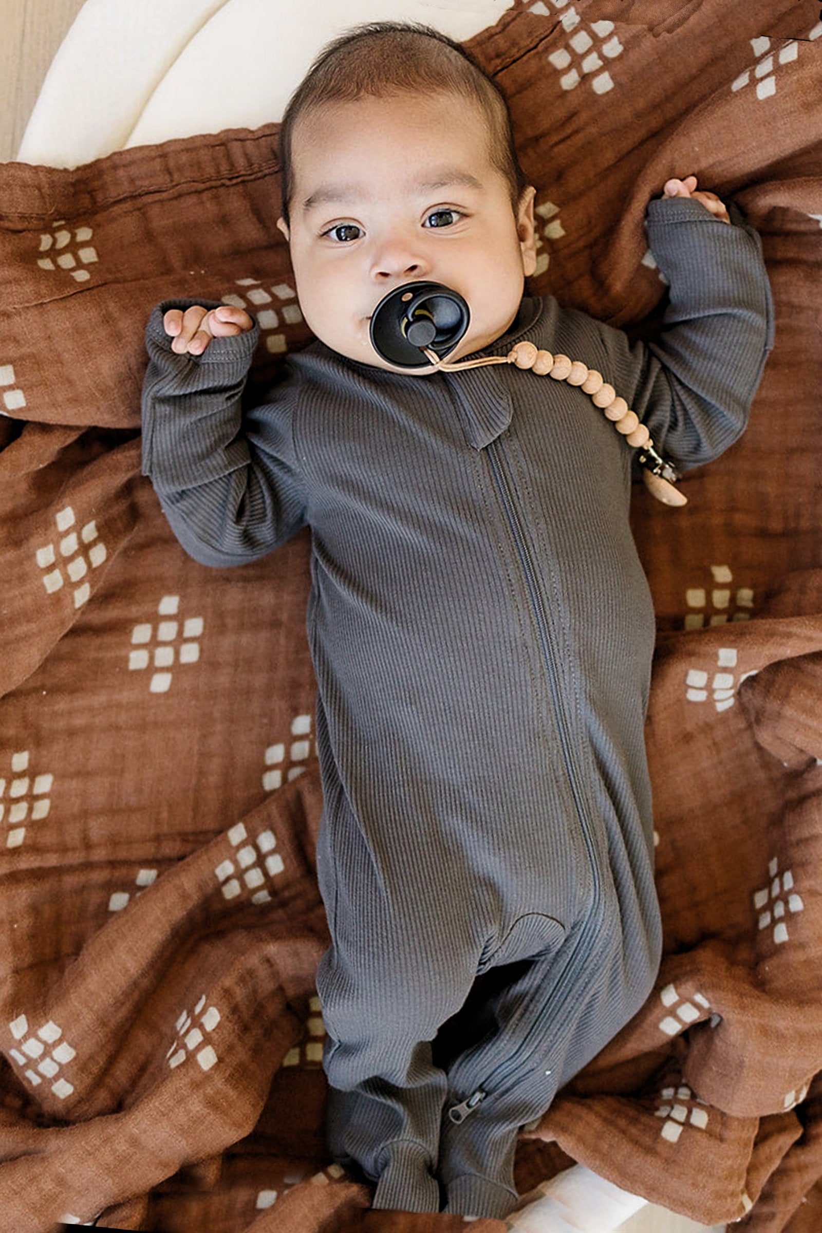 Charcoal Ribbed Zipper Footed Pajama, Baby Essentials, Organic Cotton