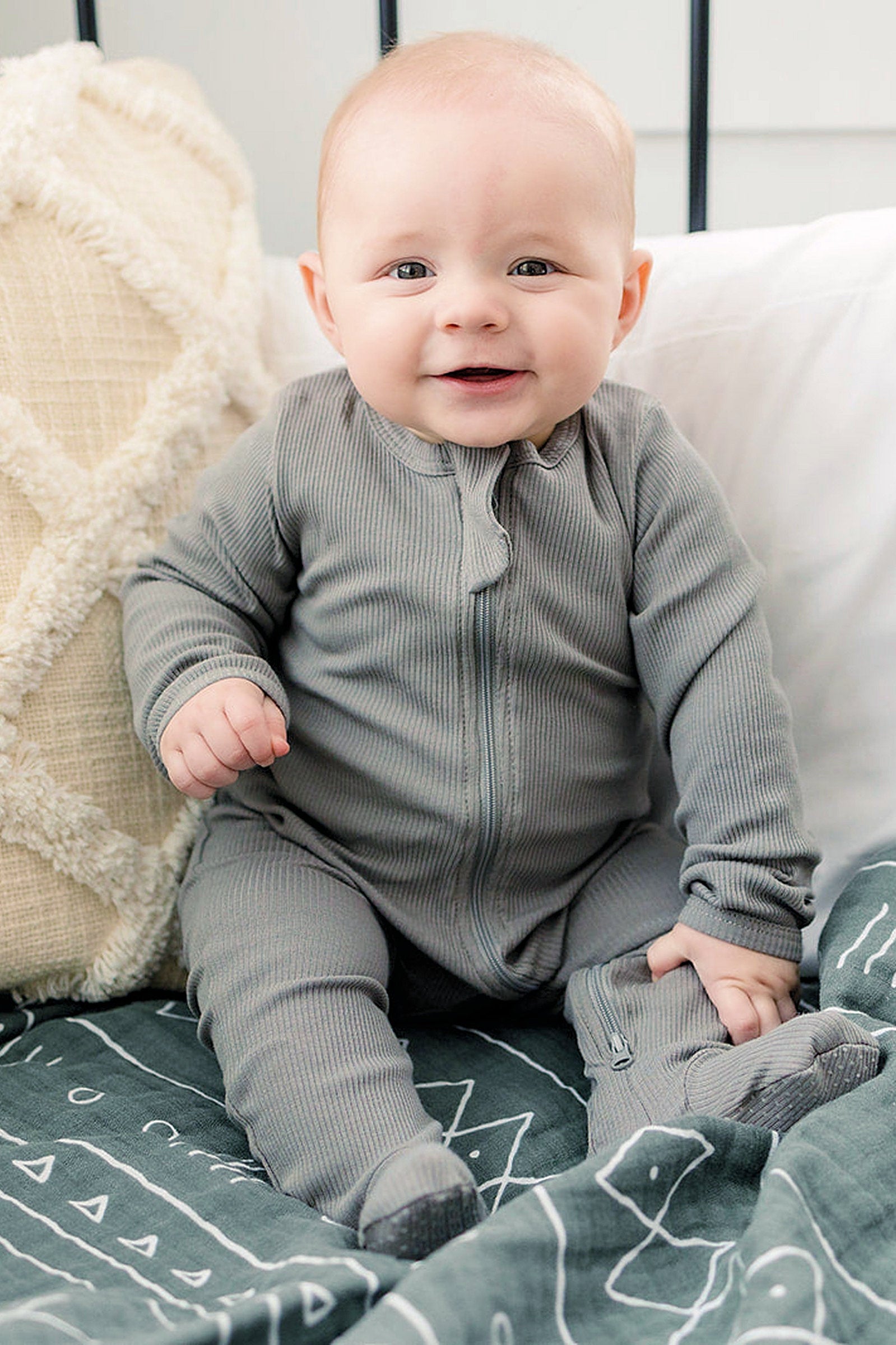 Grey Ribbed Zipper Footed Pajama, Organic Cotton, Baby Essentials
