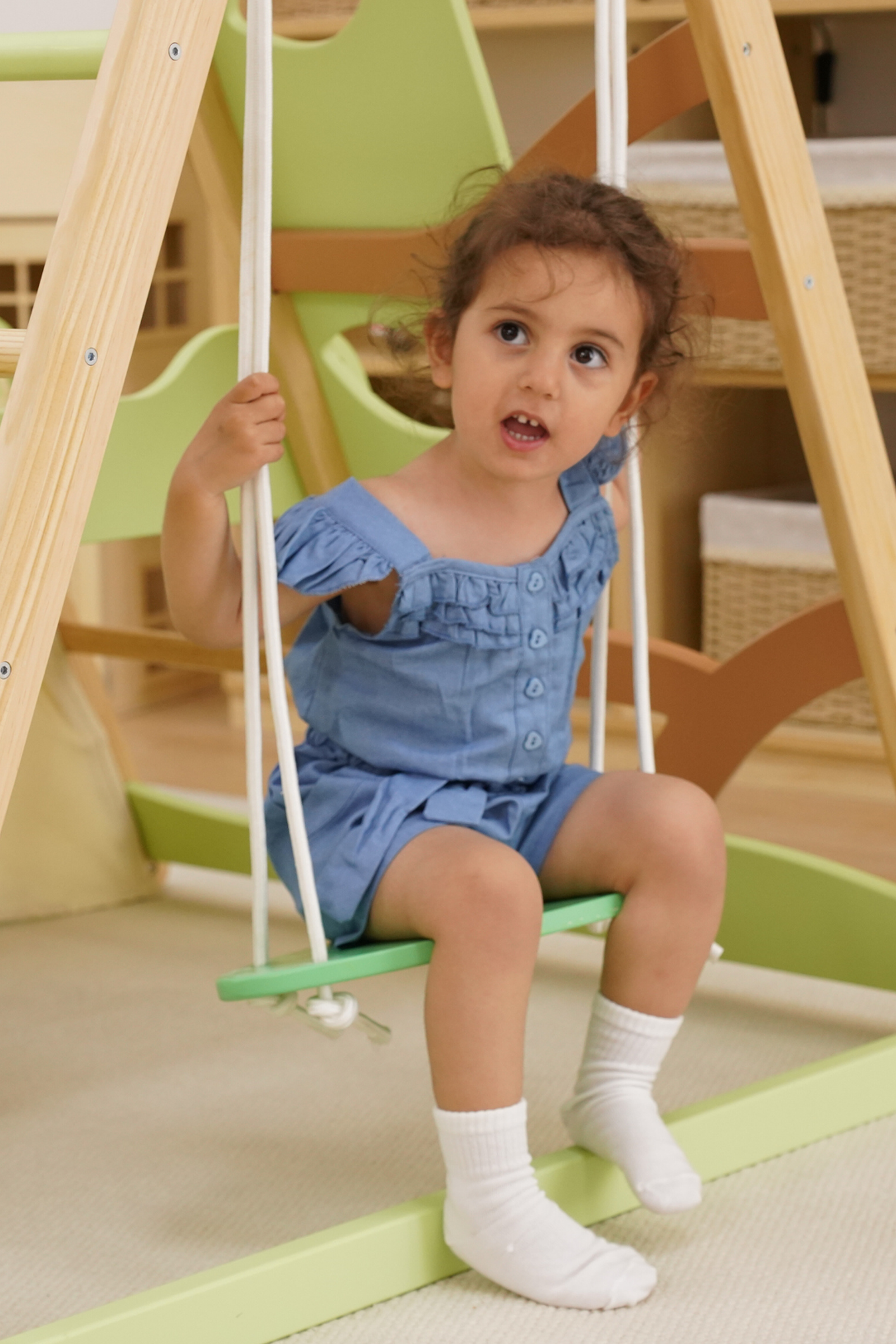Bush 6 in 1 Wooden Jungle Gym Climber for Toddlers, Indoor Playset with Slide, Rock Wall, Ladder & Swing