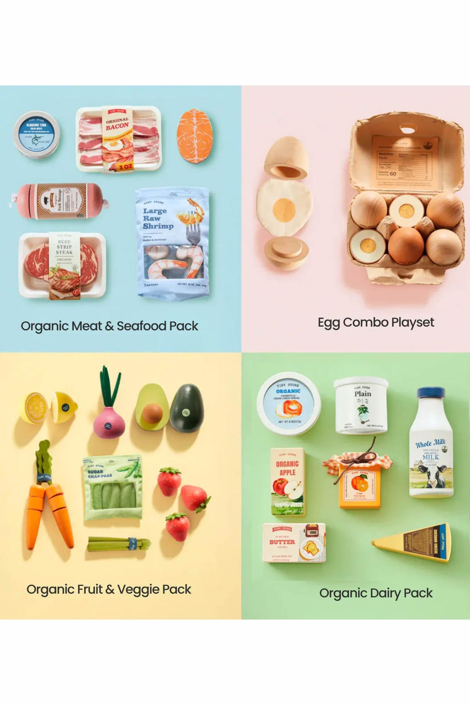 Organic Wooden Play Food Set Bundle | Meat, Dairy, Eggs, Fruits & Veggies