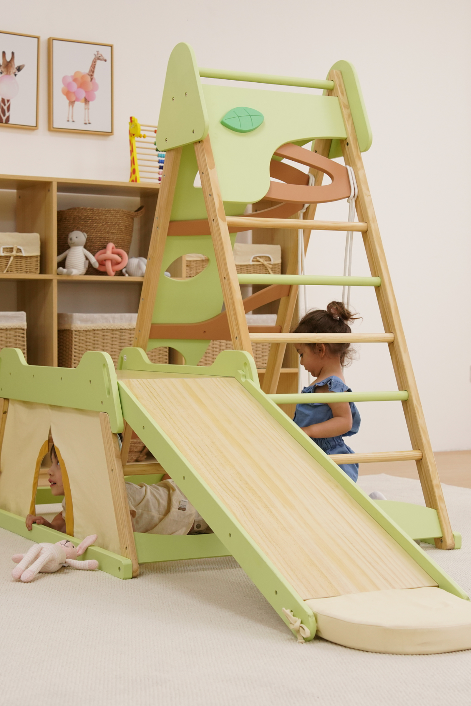 Bush 6 in 1 Wooden Jungle Gym Climber for Toddlers, Indoor Playset with Slide, Rock Wall, Ladder & Swing