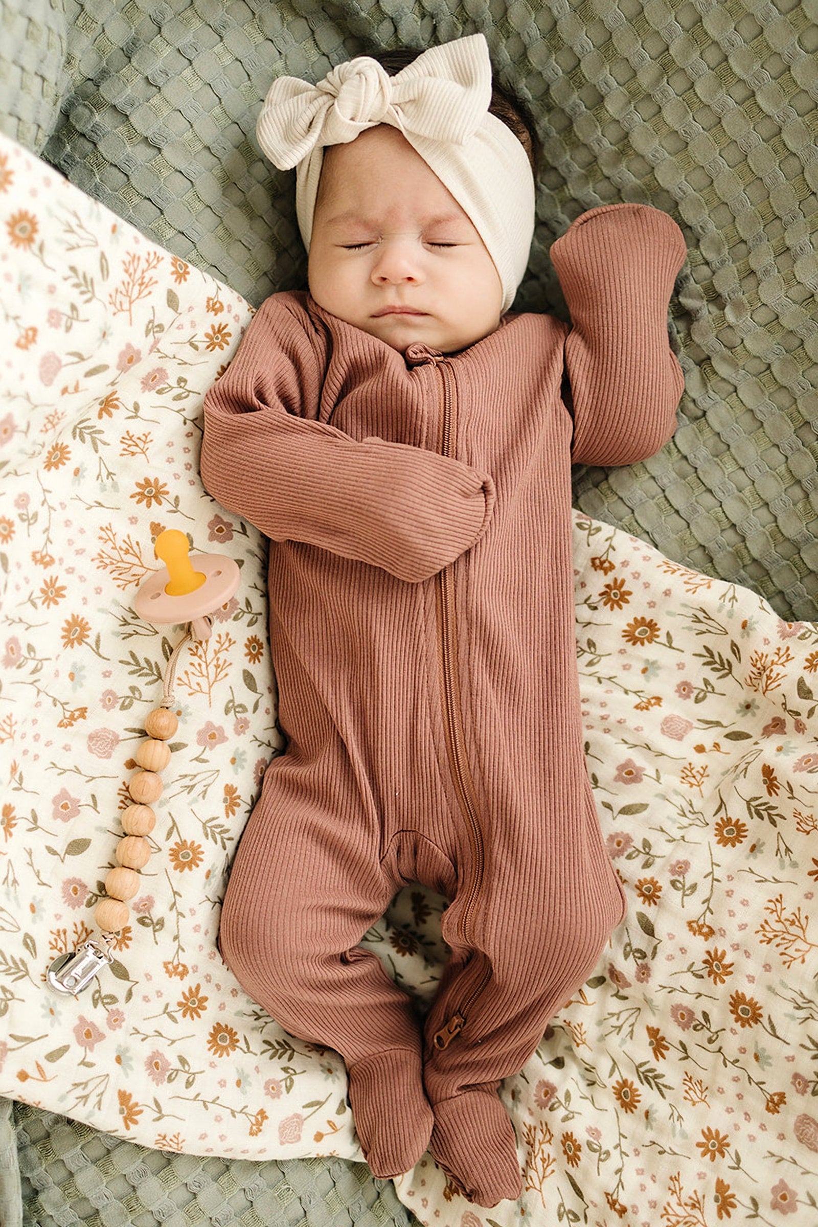 Dusty Rose Ribbed Zipper Footed Pajama, Baby Essentials, Organic Cotton