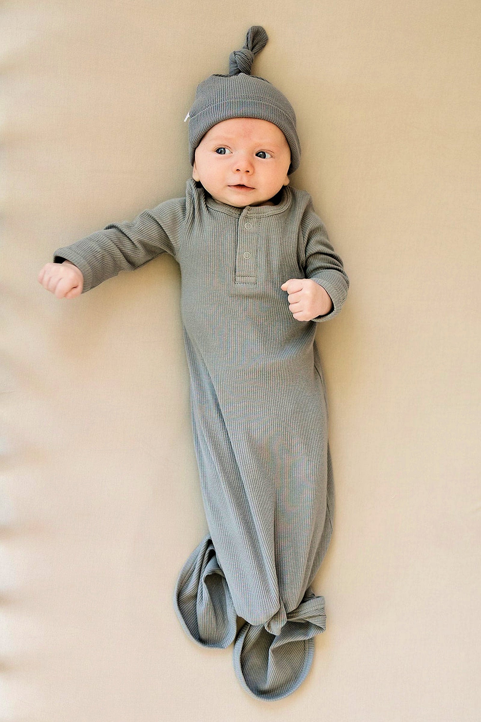 Grey Ribbed Knot Gown, Baby Essentials, Organic Cotton