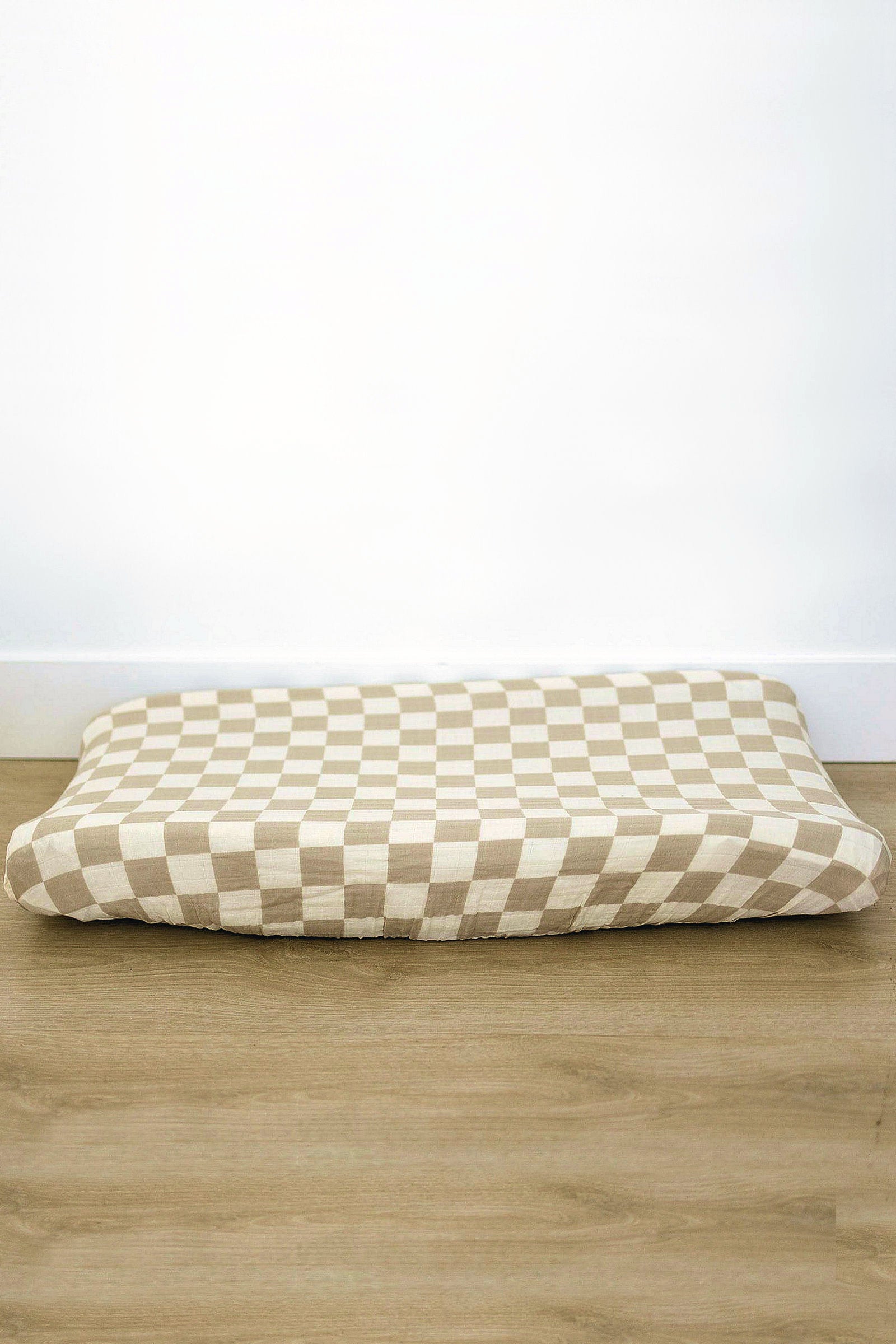 Taupe Checkered Muslin Changing Pad Cover, 100% Cotton, Baby Essentials