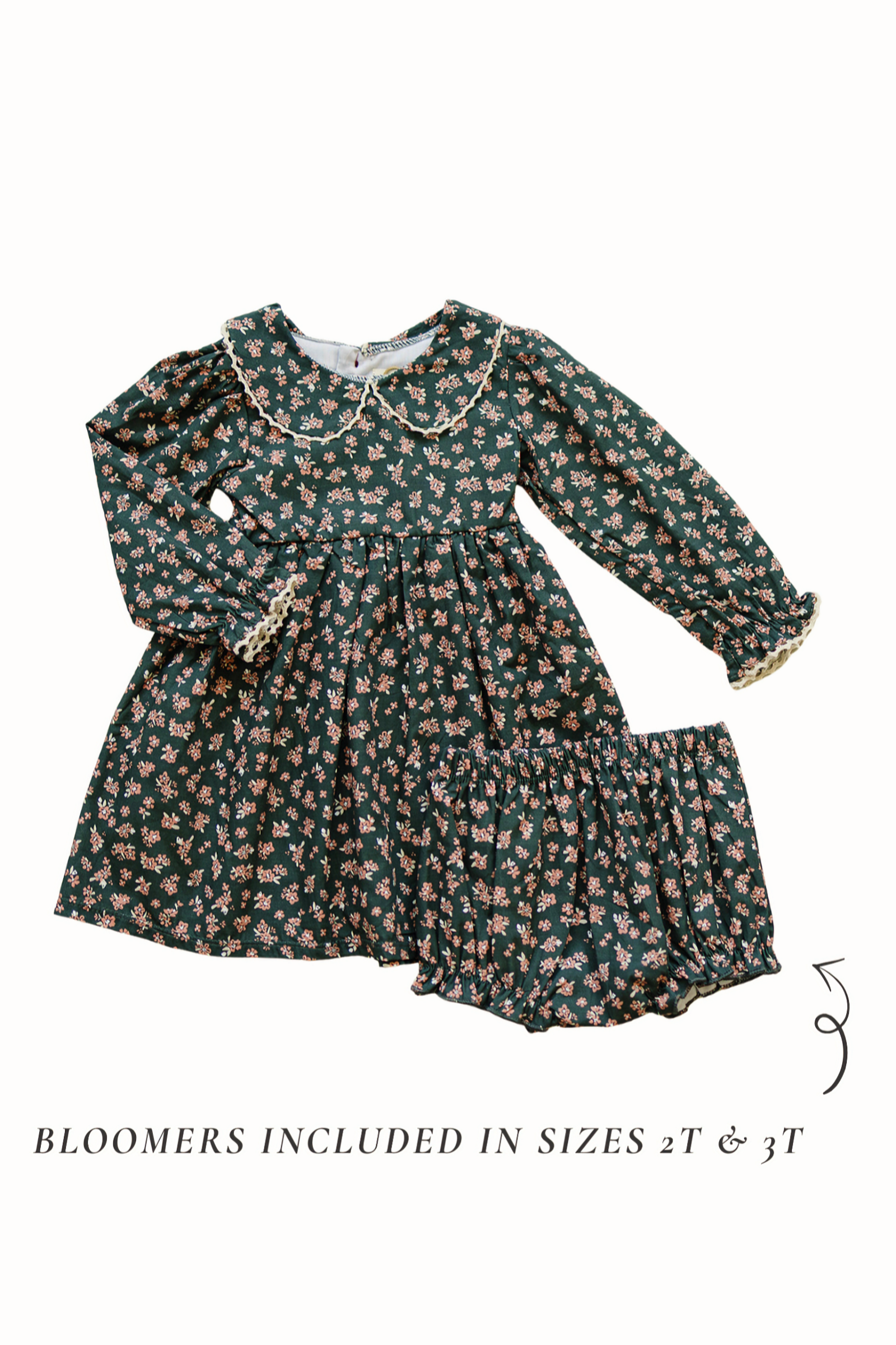 Elegant Olive Bloom Dress with Peter Pan Collar, Cotton, Sizes 2-7