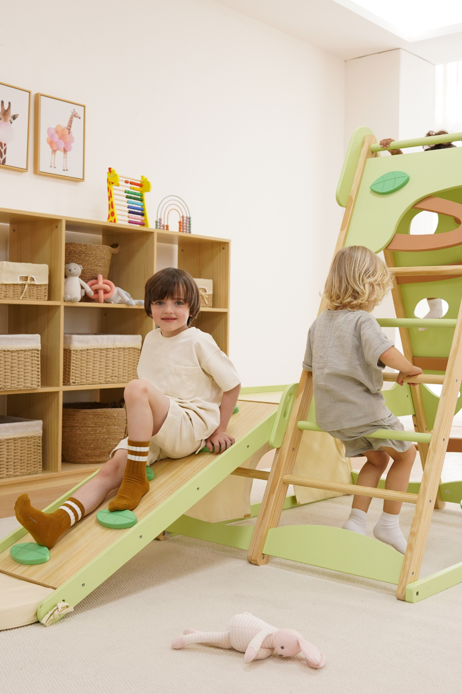 Bush 6 in 1 Wooden Jungle Gym Climber for Toddlers, Indoor Playset with Slide, Rock Wall, Ladder & Swing