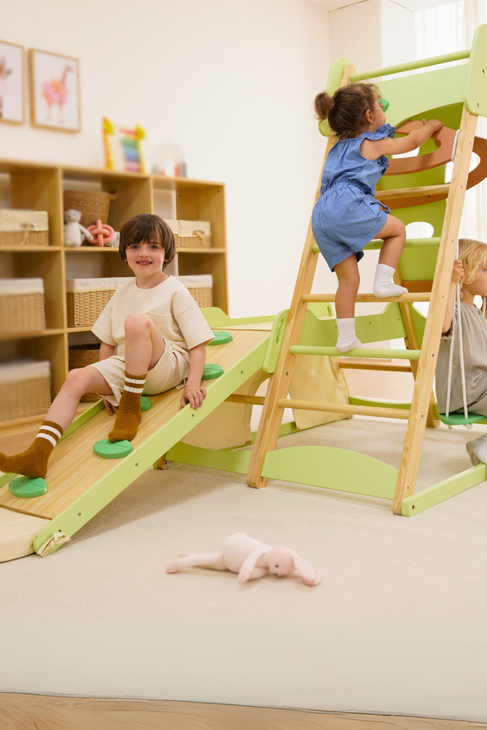 Bush 6 in 1 Wooden Jungle Gym Climber for Toddlers, Indoor Playset with Slide, Rock Wall, Ladder & Swing
