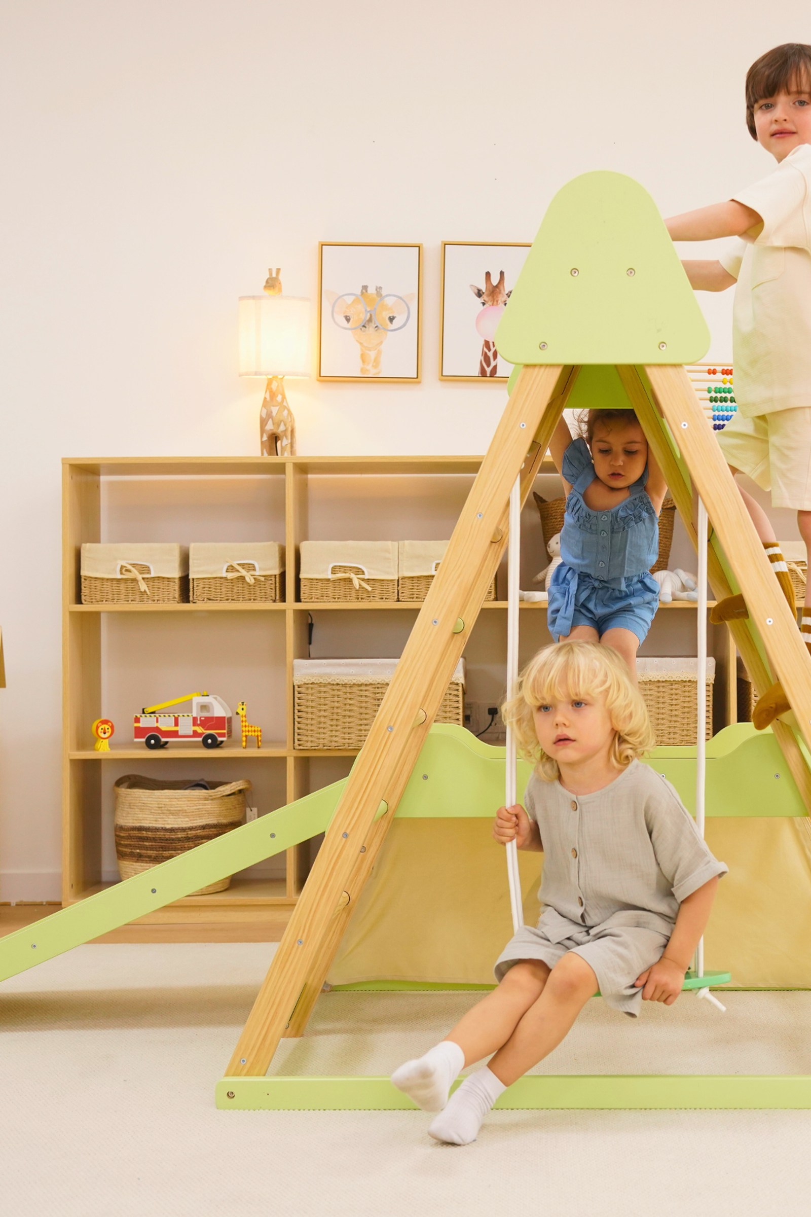 Bush 6 in 1 Wooden Jungle Gym Climber for Toddlers, Indoor Playset with Slide, Rock Wall, Ladder & Swing