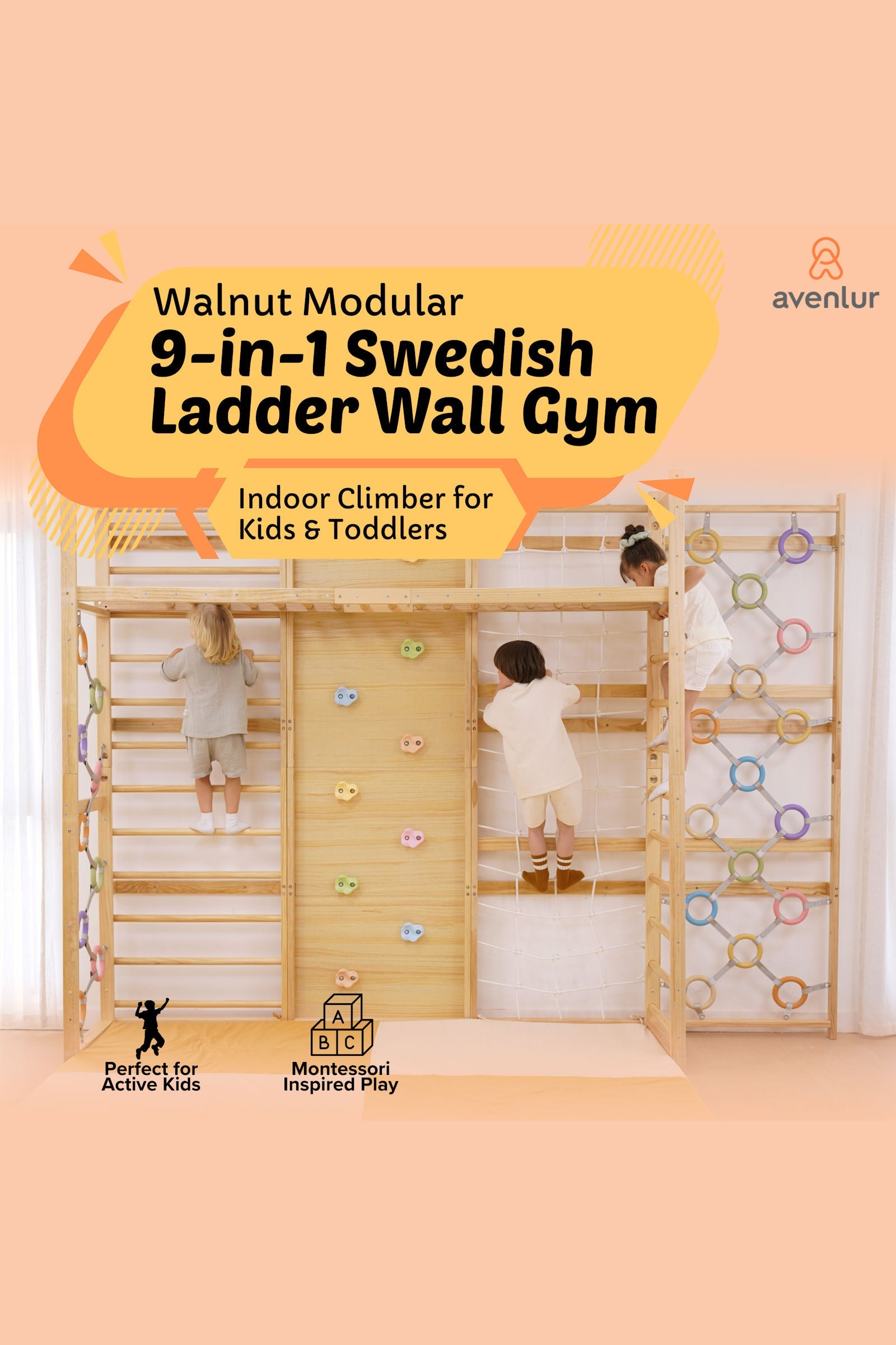 Walnut Modular Swedish Ladder Jungle Gym, Indoor, 95" Height, Wall Mounted