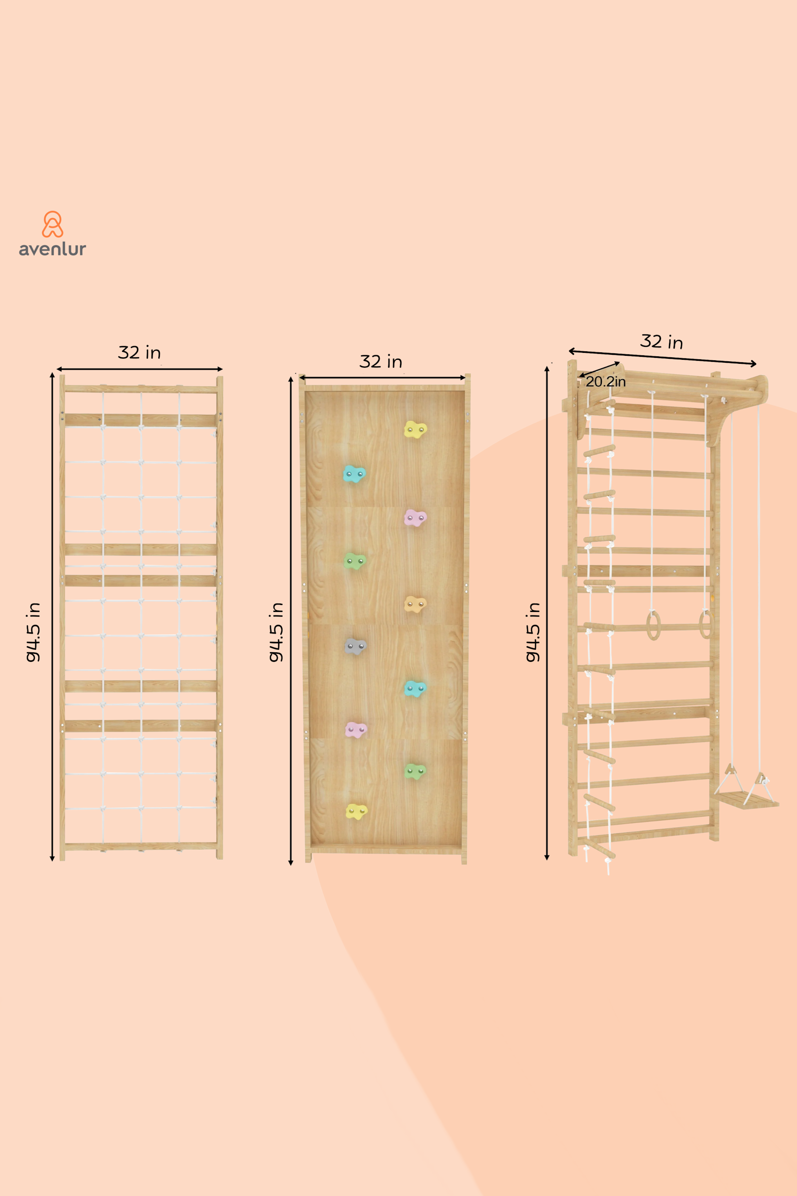 Walnut Modular Swedish Ladder Jungle Gym, Indoor, 95" Height, Wall Mounted