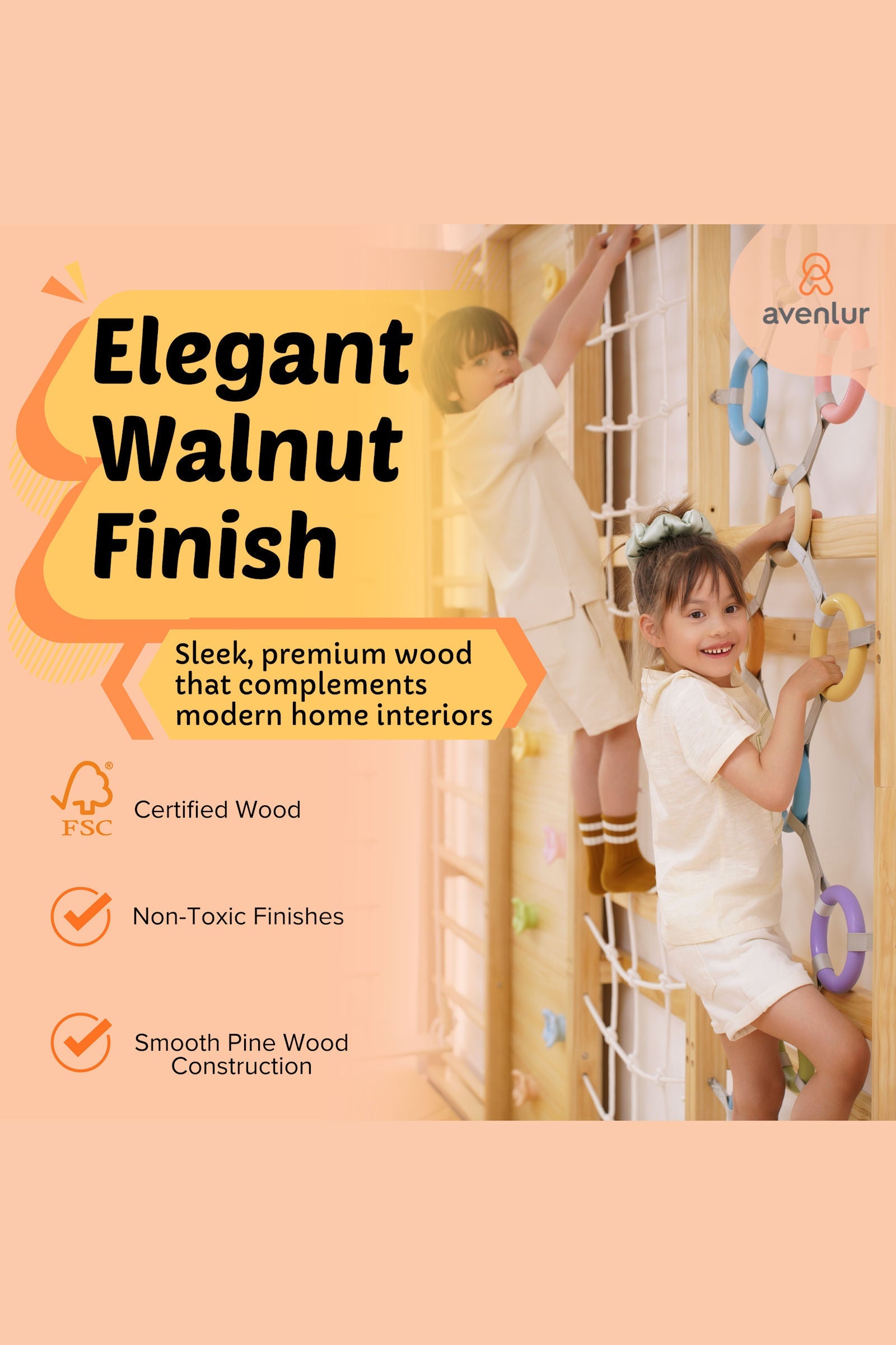 Walnut Modular Swedish Ladder Jungle Gym, Indoor, 95" Height, Wall Mounted