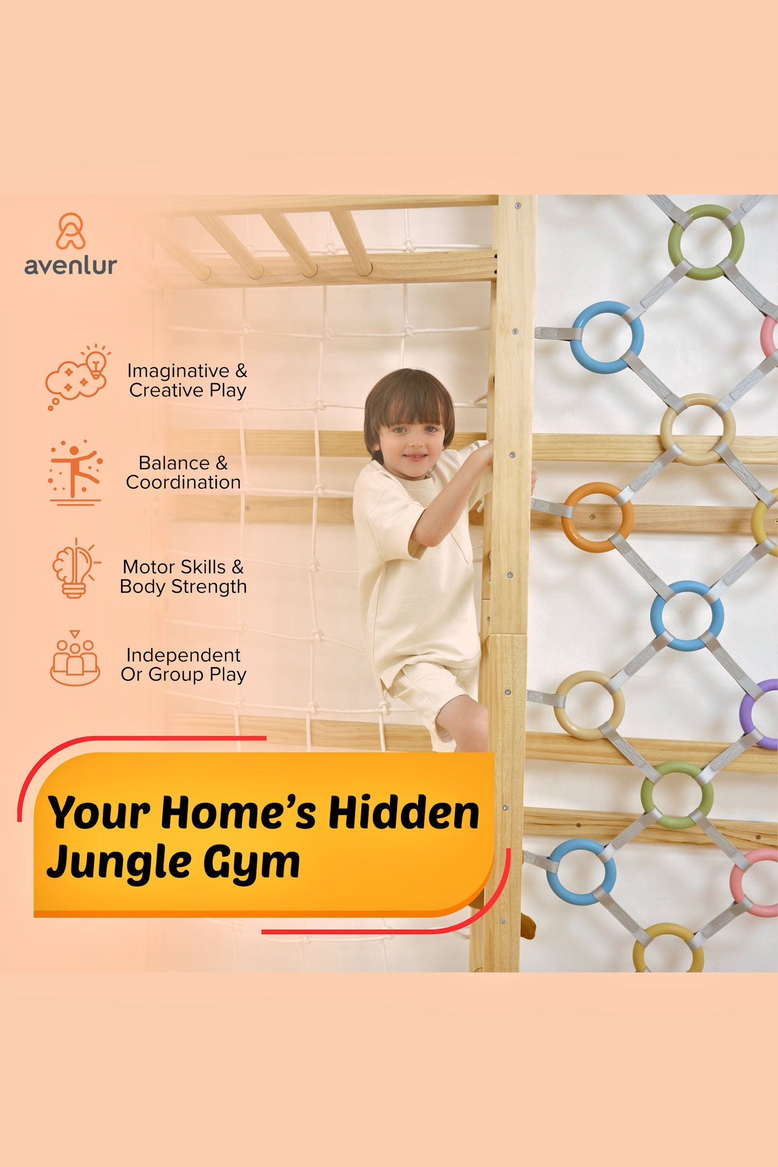 Walnut Modular Swedish Ladder Jungle Gym, Indoor, 95" Height, Wall Mounted