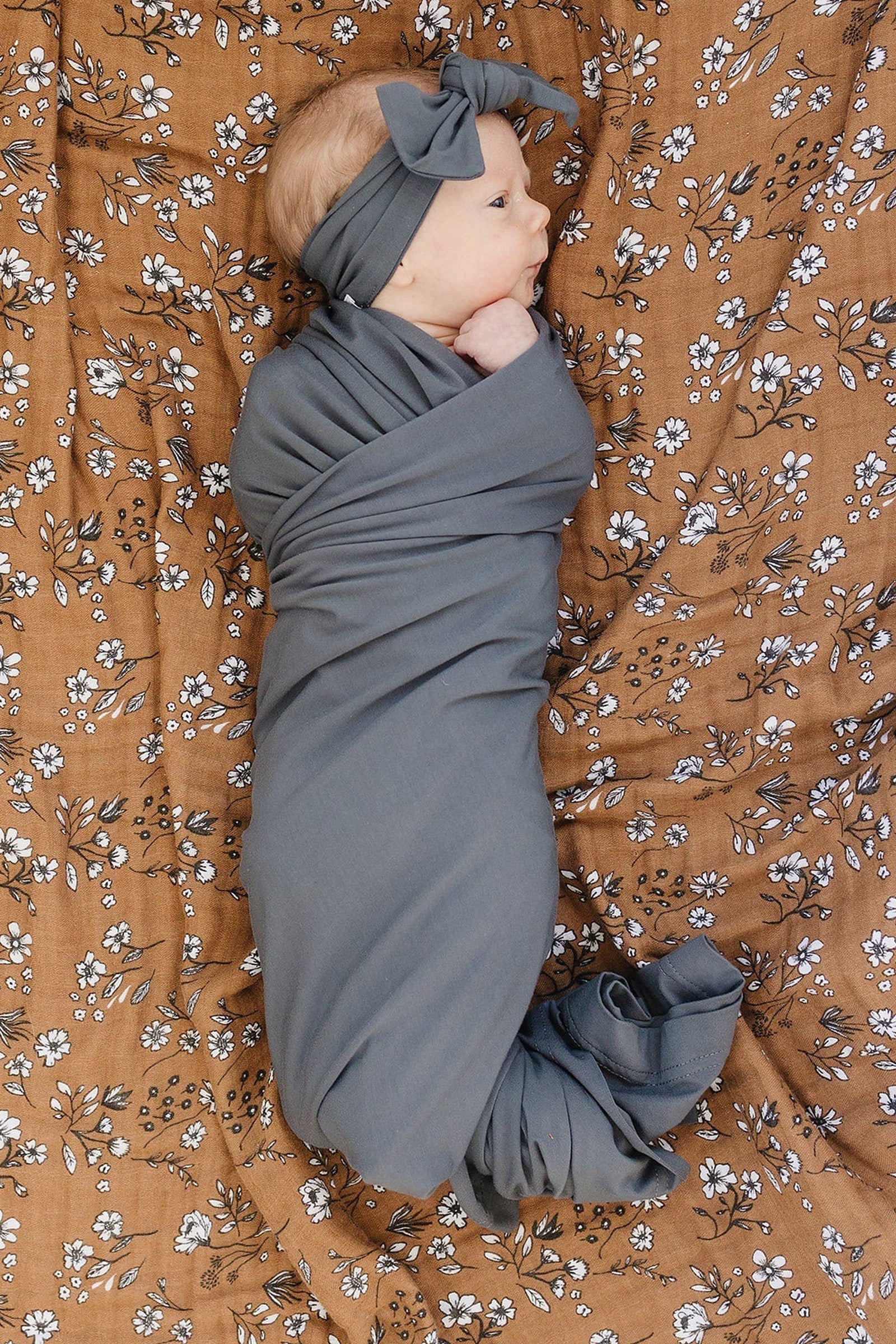 Dusty Blue Swaddle Blanket + Hat OR Head Wrap Set | Bamboo | Baby Essentials