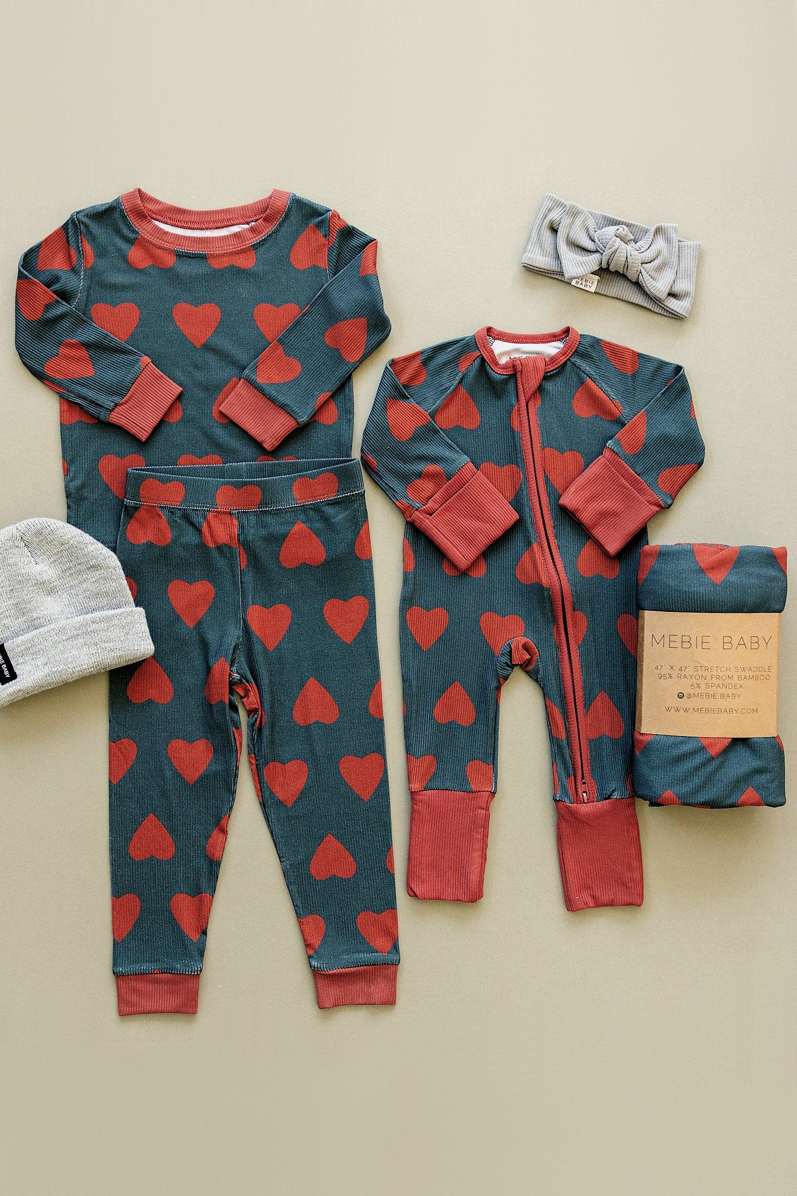 Navy + Red Hearts Ribbed Zipper Pajama, Bamboo, Baby Essentials