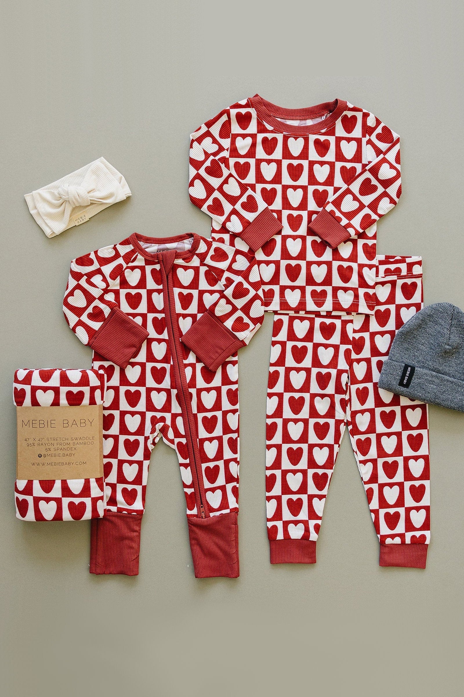 Checkered Hearts Ribbed Zipper Pajama, Bamboo, Family Matching Outfits