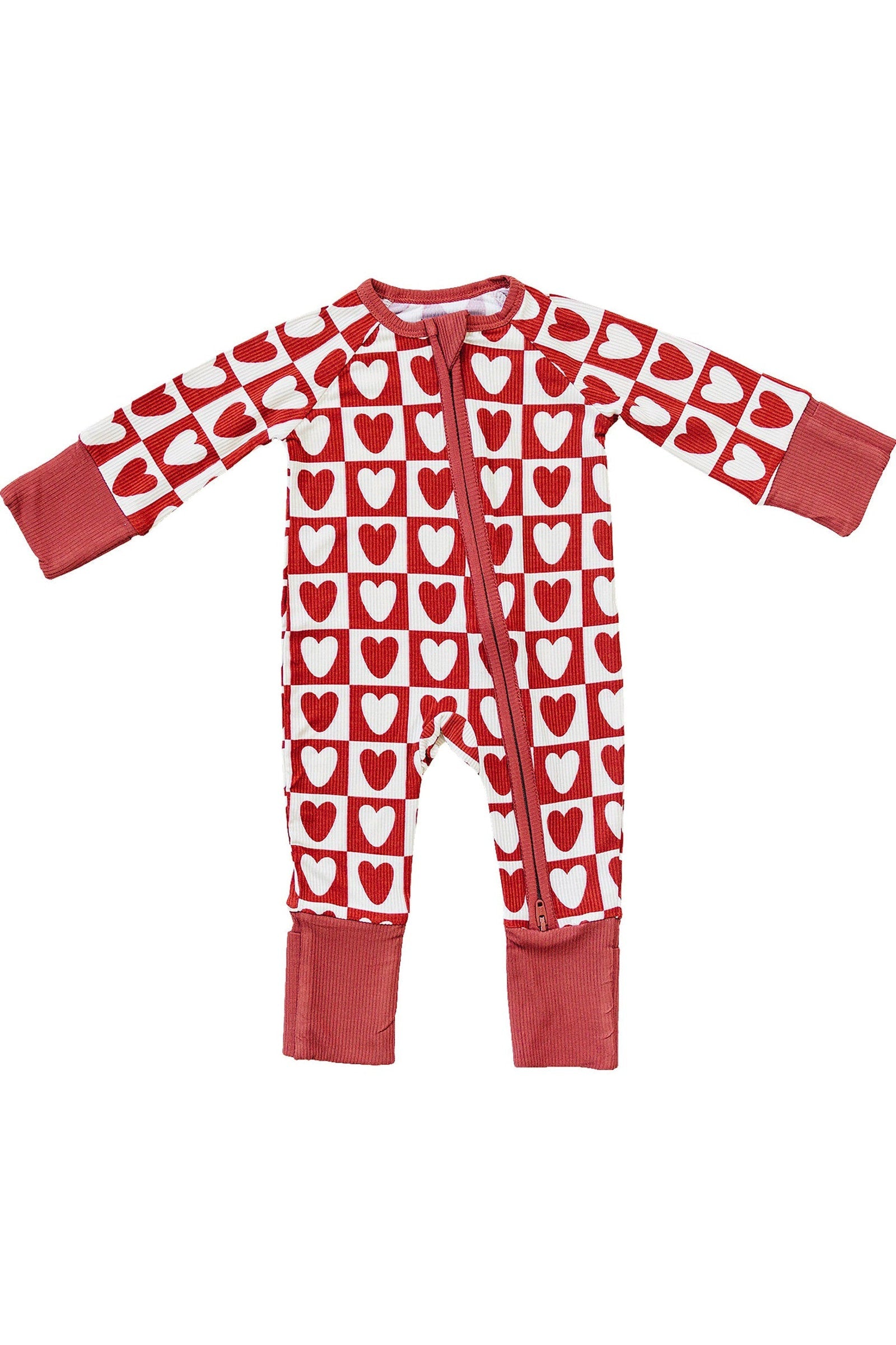 Checkered Hearts Ribbed Zipper Pajama, Bamboo, Family Matching Outfits
