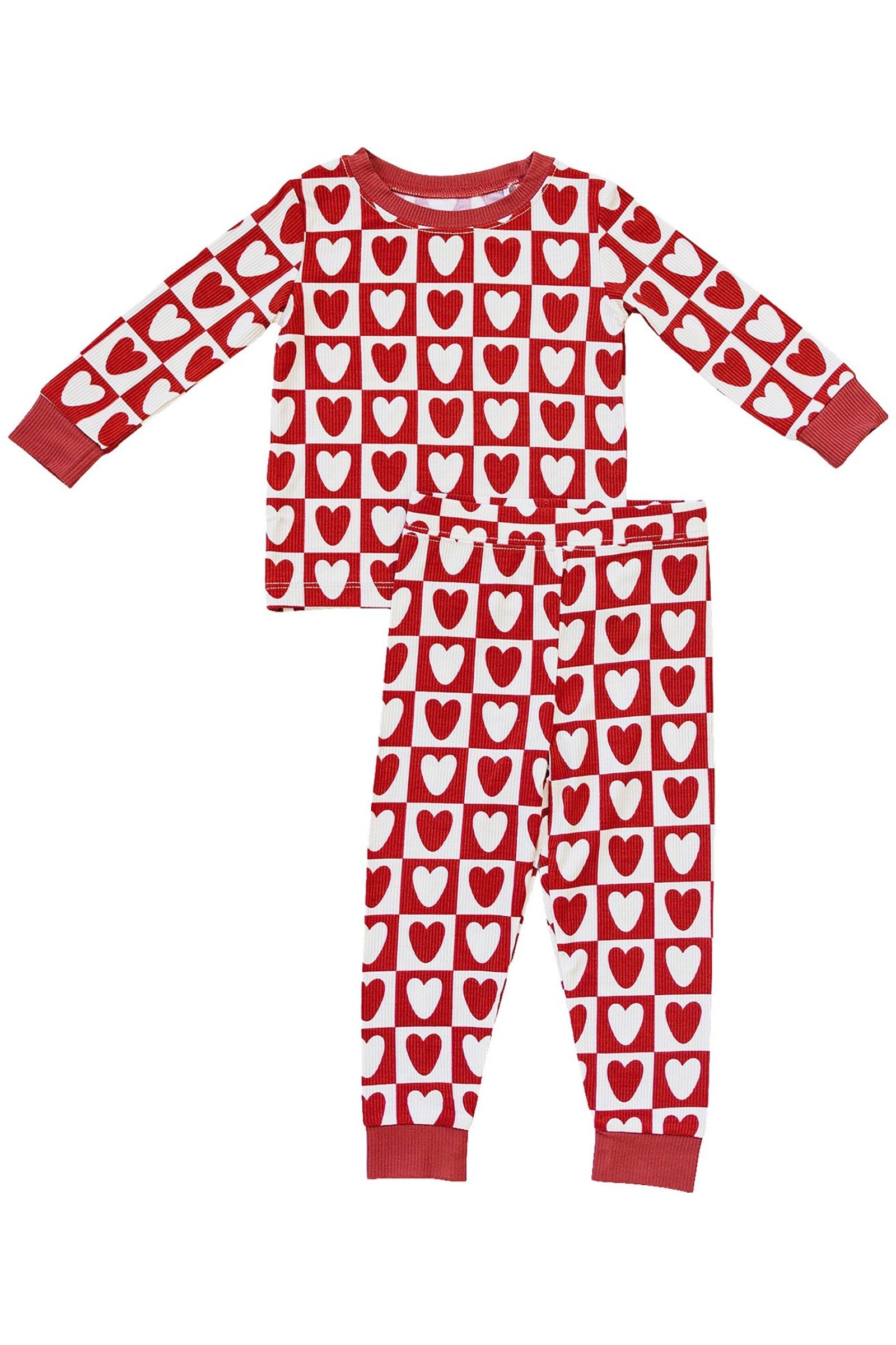 Checkered Hearts Ribbed Cozy Pajama Set, Bamboo, Family Matching Outfits