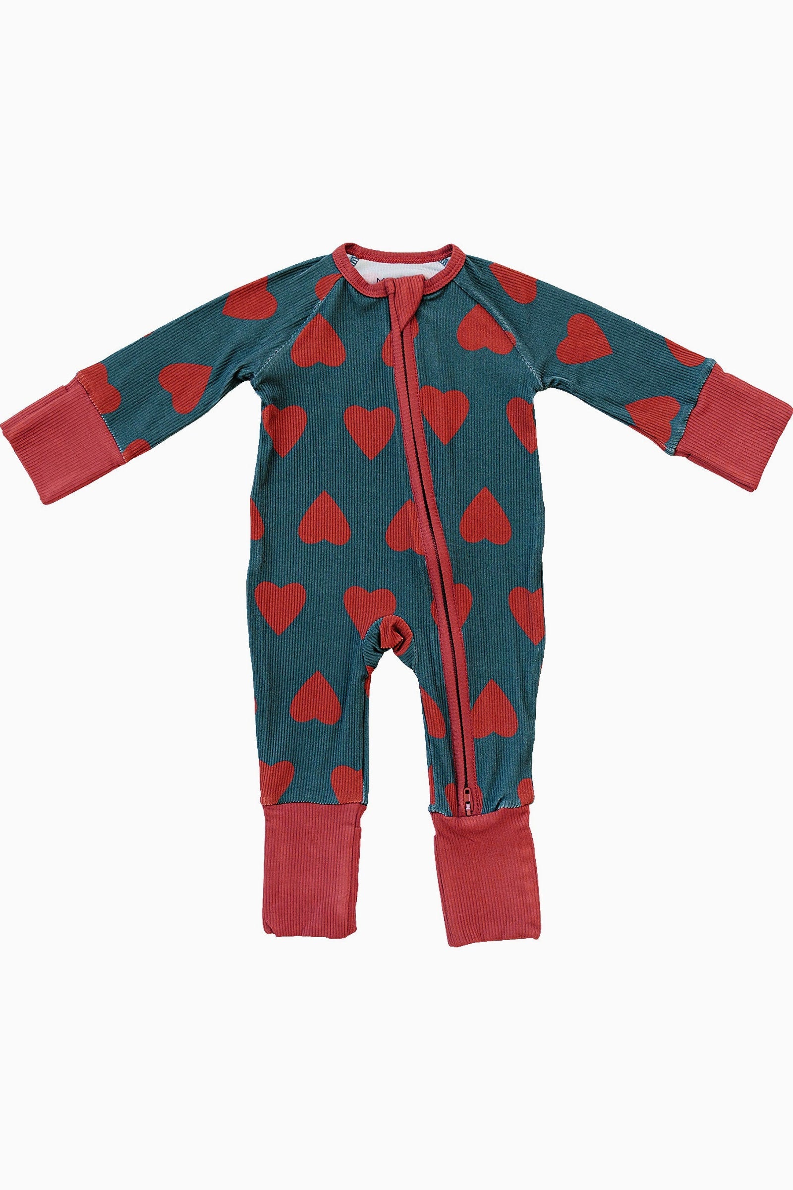 Navy + Red Hearts Ribbed Zipper Pajama, Bamboo, Baby Essentials