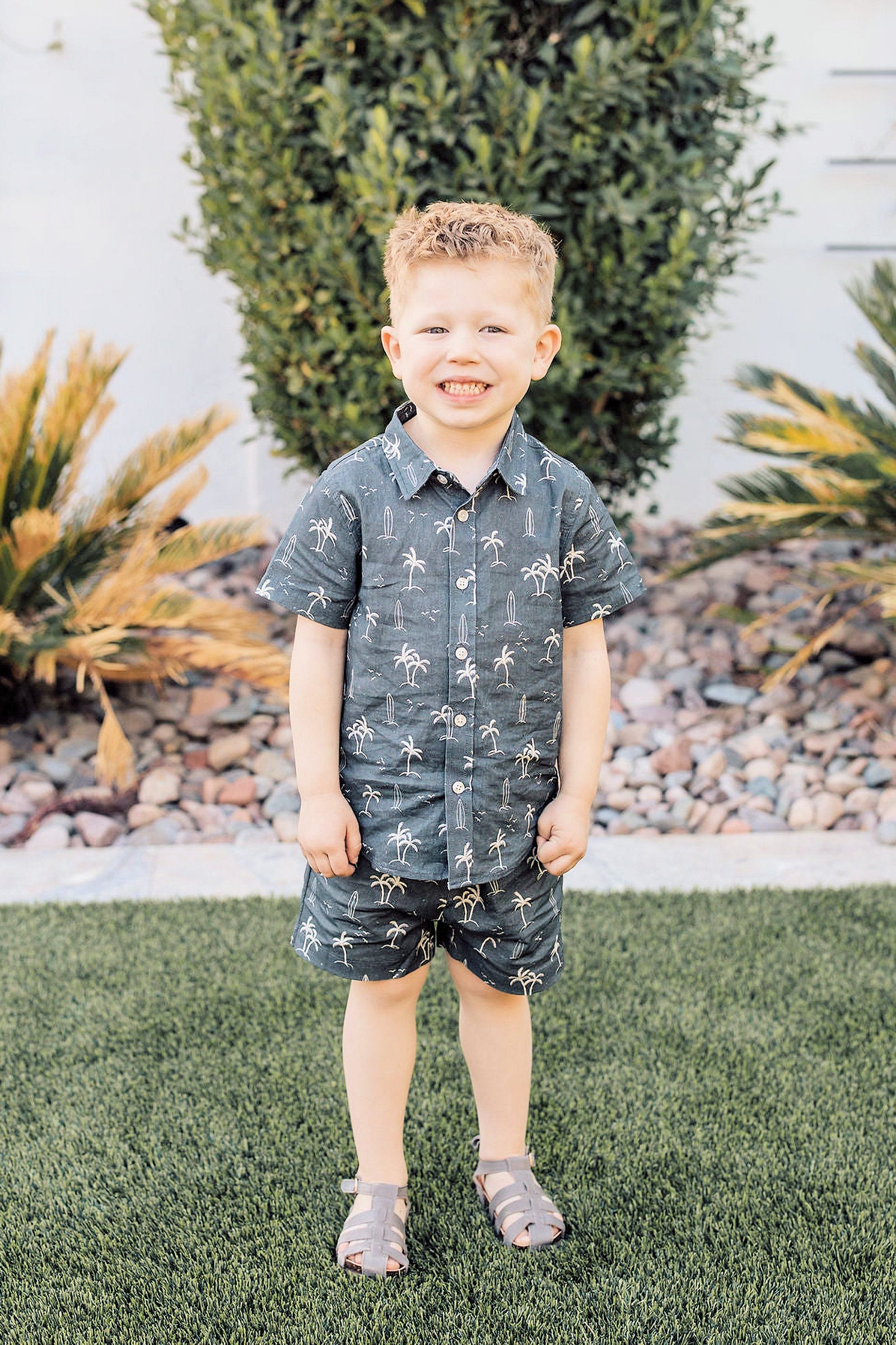 Boy Navy Surfer Button Up Shirt, Resort Wear Collection, Baby - Kids