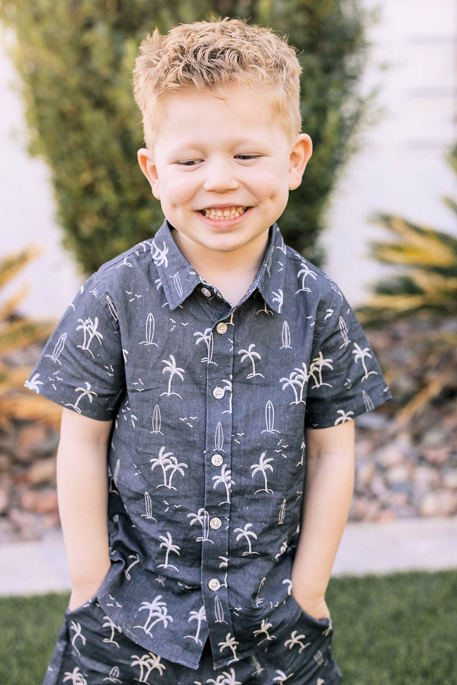 Boy Navy Surfer Button Up Shirt, Resort Wear Collection, Baby - Kids